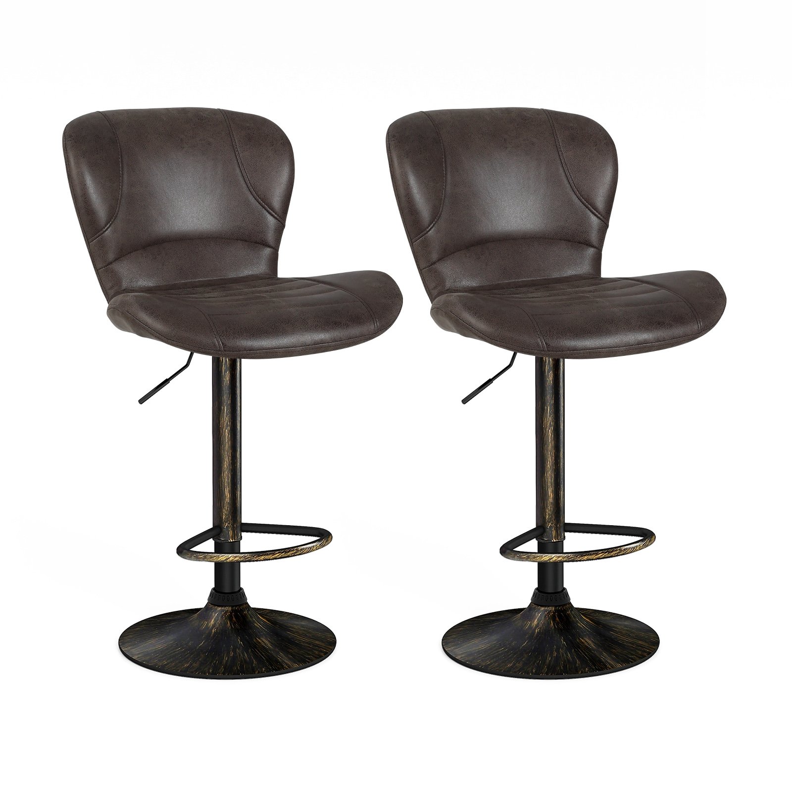 Set of 2 Bar Stools with Adjustable Height and Anti-Slip Metal Base-Brown