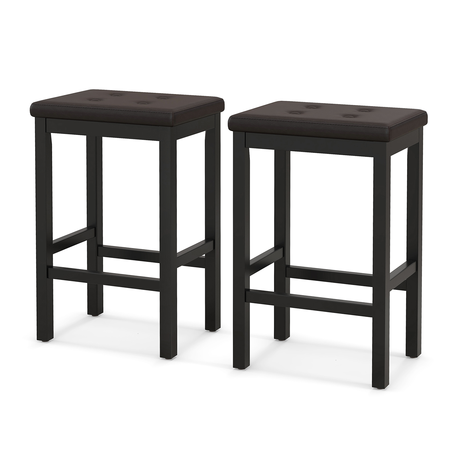 Set of 2 Bar Stools with Padded Seat and Footrest-Brown