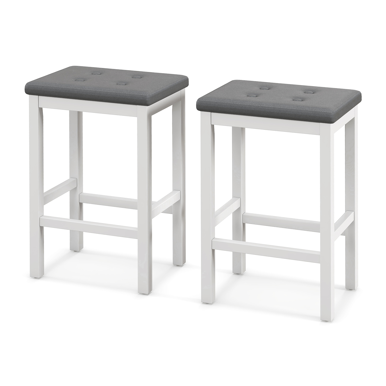 Set of 2 Bar Stools with Padded Seat and Footrest-White