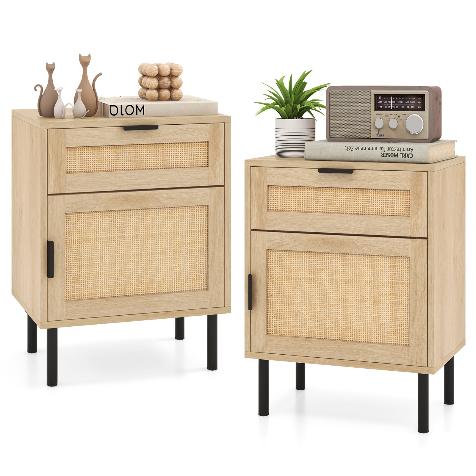 Set of 2 Rattan Nightstand with Drawer and Cabinet and Metal Legs-Natural