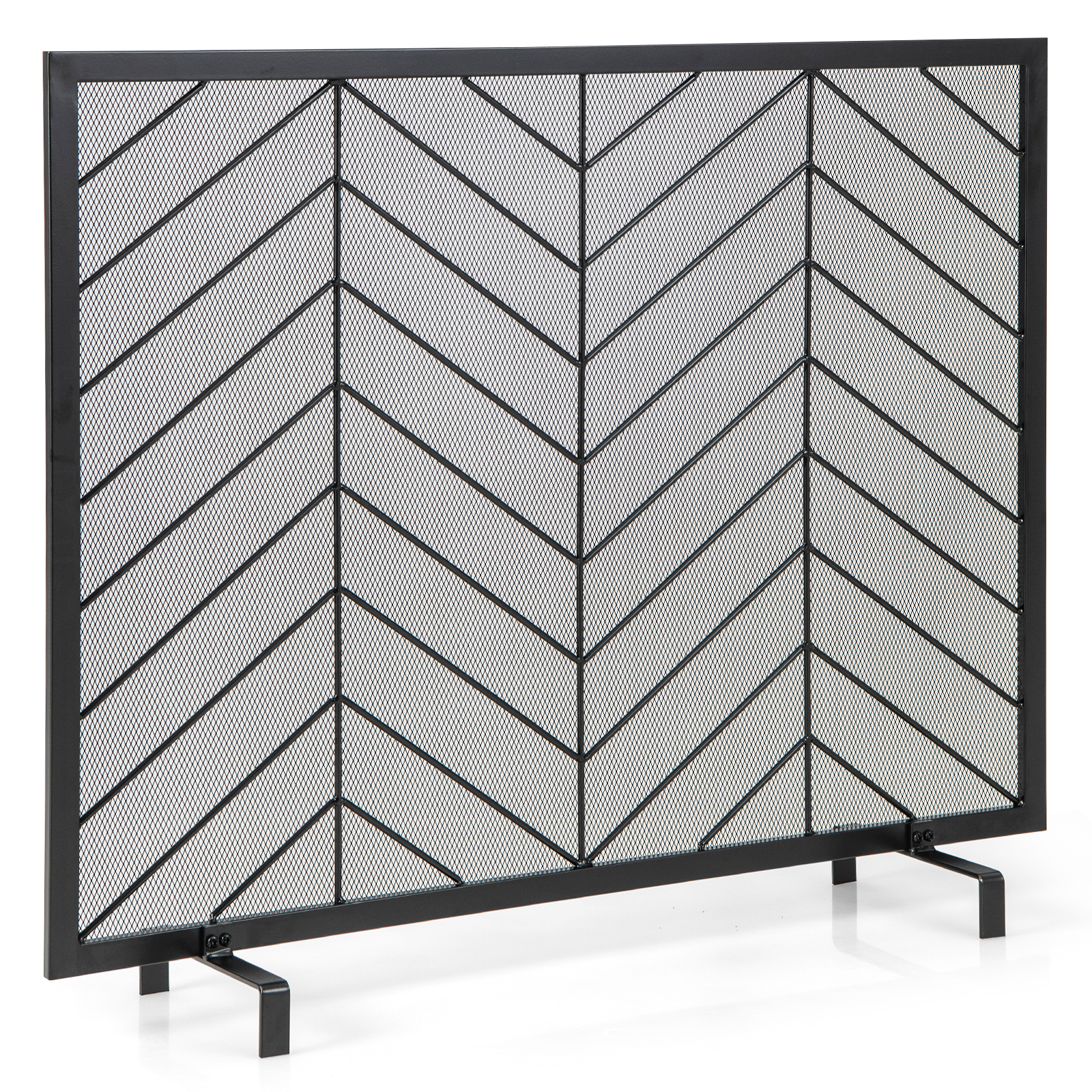 Single Panel Fireplace Screen with Detachable Support Feet and Metal Fame-Black