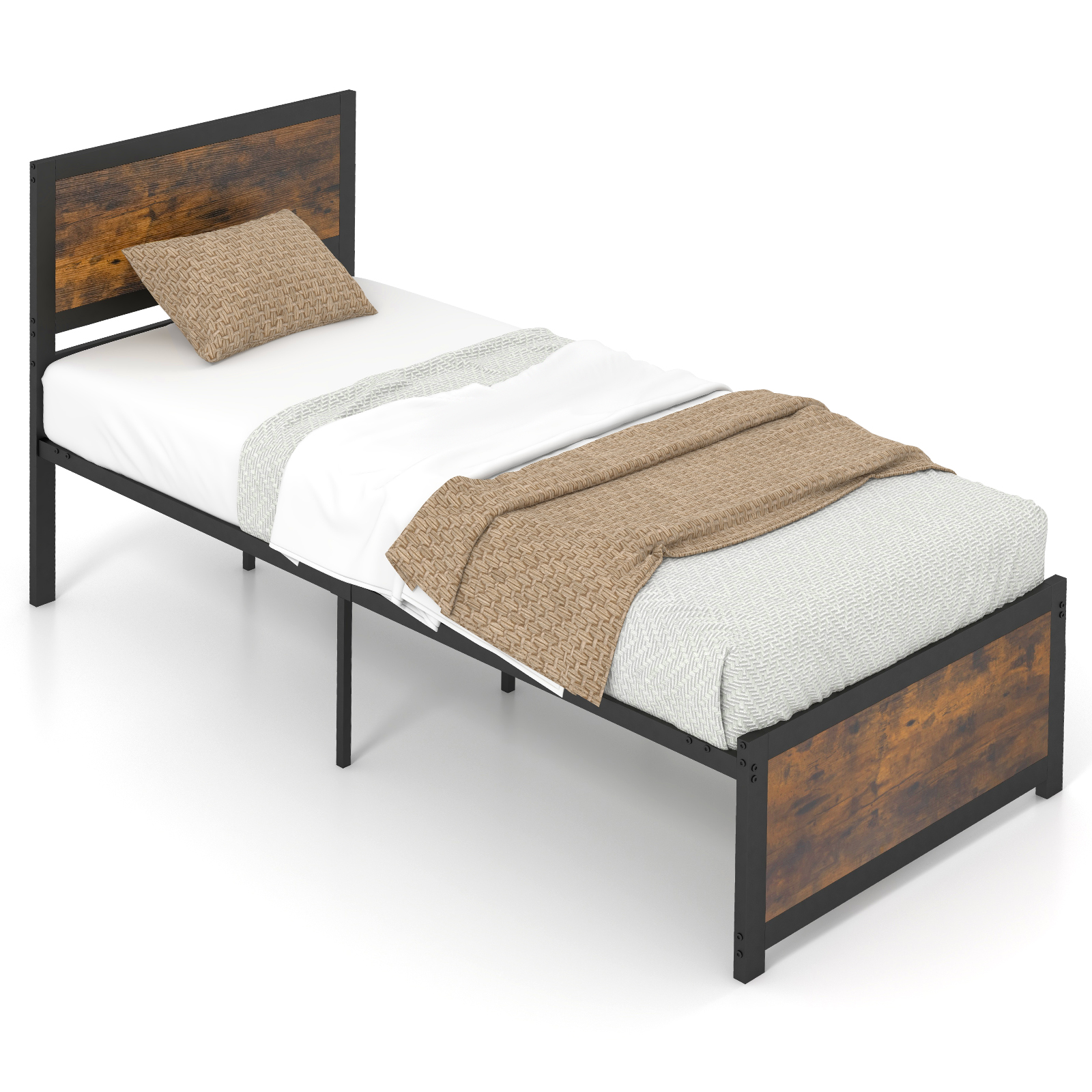 Single Size Bed Frame with High Headboard Metal Slats-S