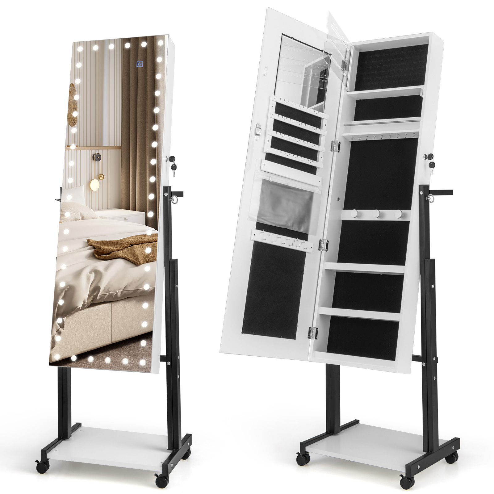 Lockable Jewelry Armoire Organizer with 3-Color Dimmable LED Full-Length Mirror-White