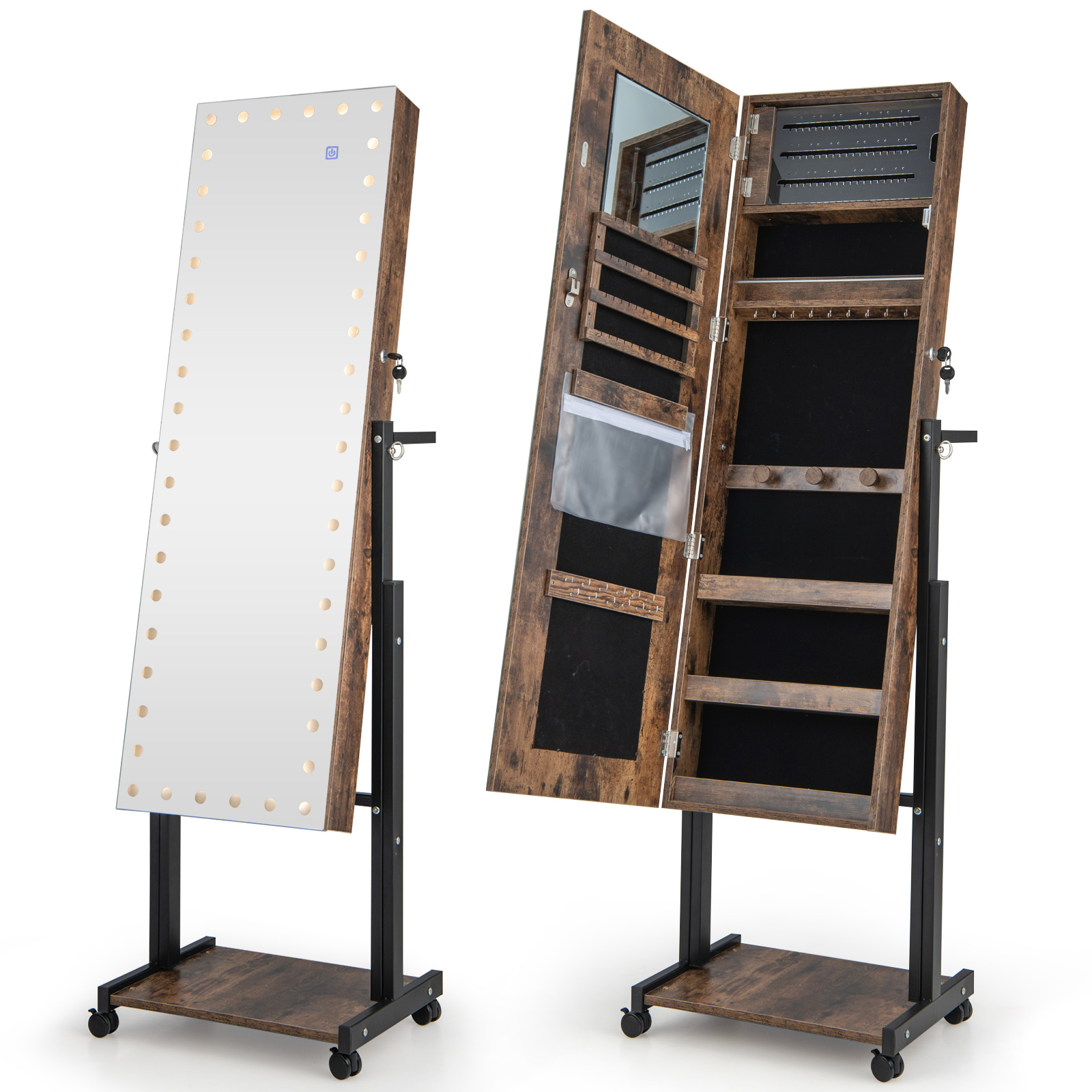 Lockable Jewelry Armoire Organizer with 3-Color Dimmable LED Full-Length Mirror-Brown