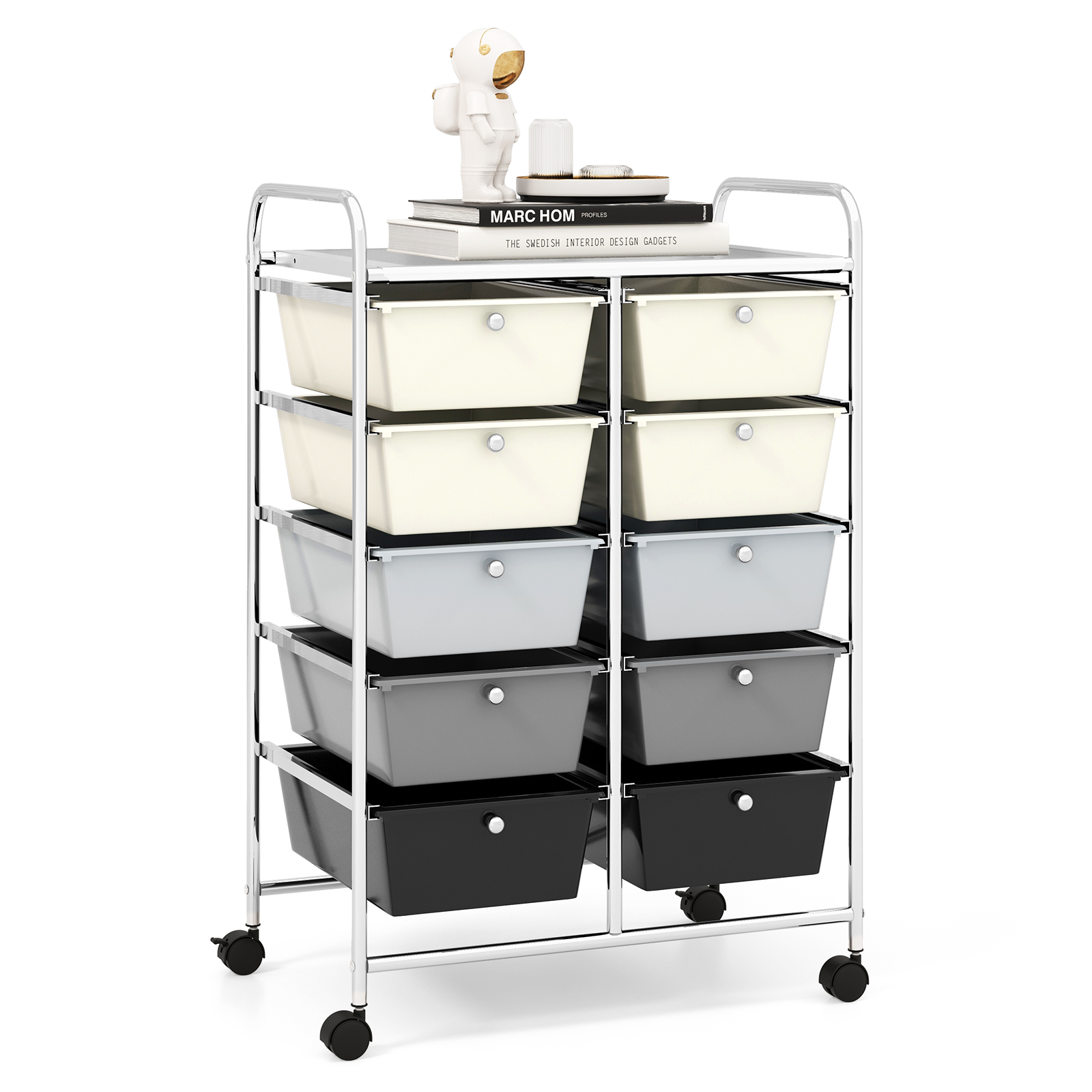 Storage Rolling Cart with 10-Drawer for Tools Scrapbook Paper Organising-Black &amp; White