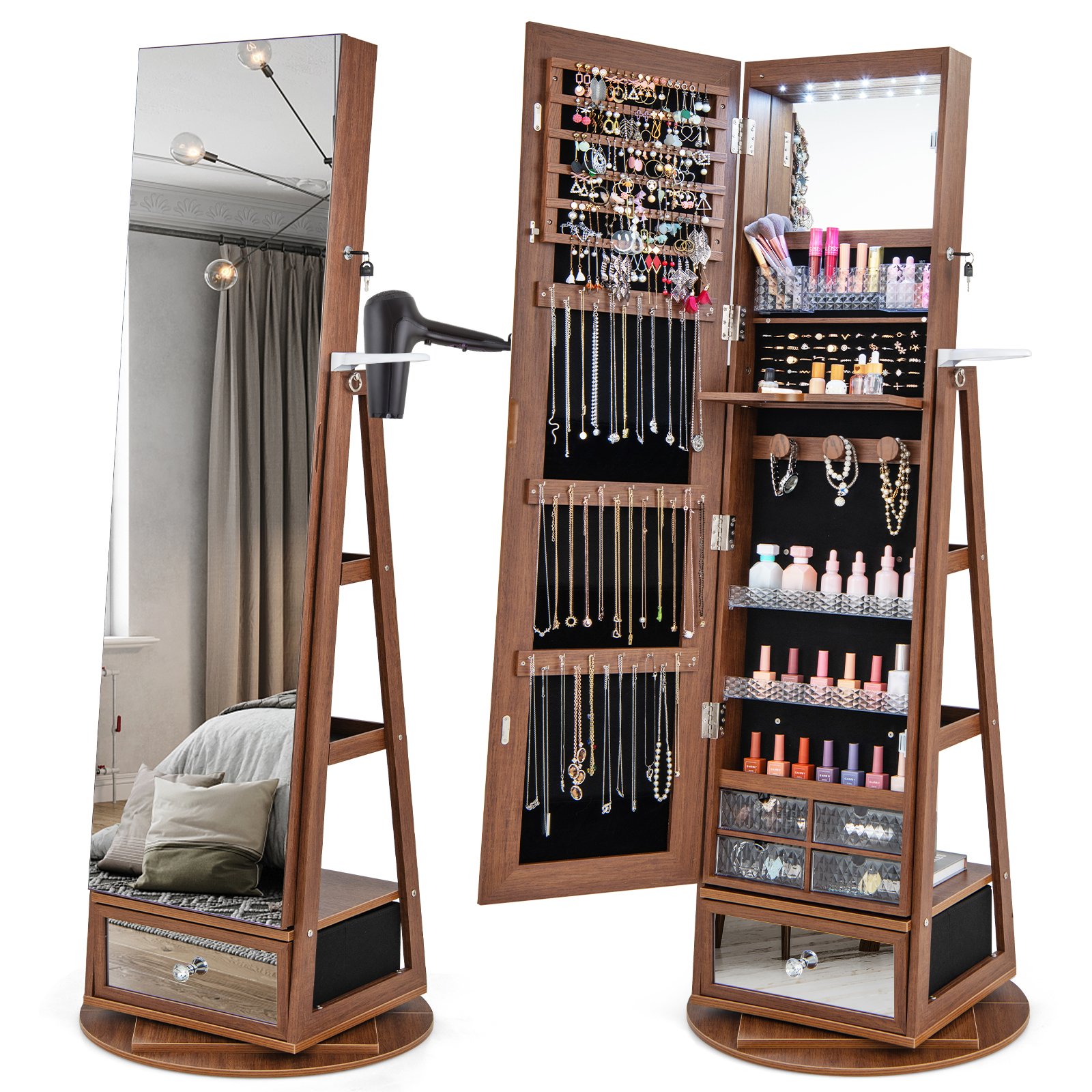 360° Swivel Lockable Jewelry Armoire Cabinet with Full-Length Mirror-Walnut