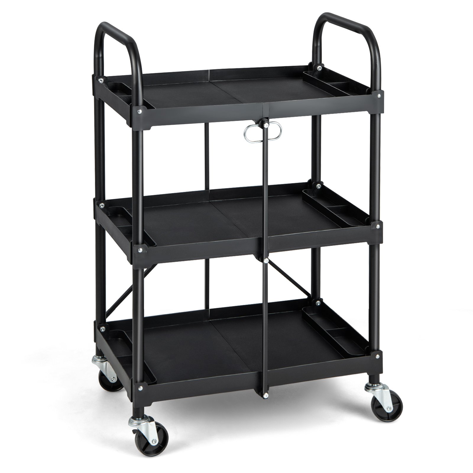 3 Tiers Folding Tool Trolley with Lockable Wheels and Tool Grooves