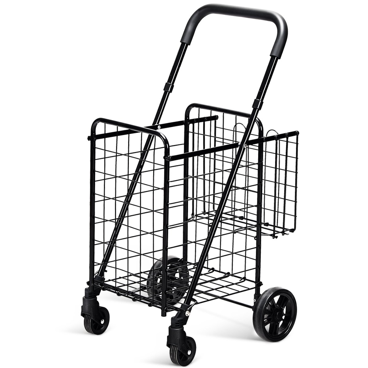 Folding Height Adjustable Shopping Trolley with Handle and Wheels-Black