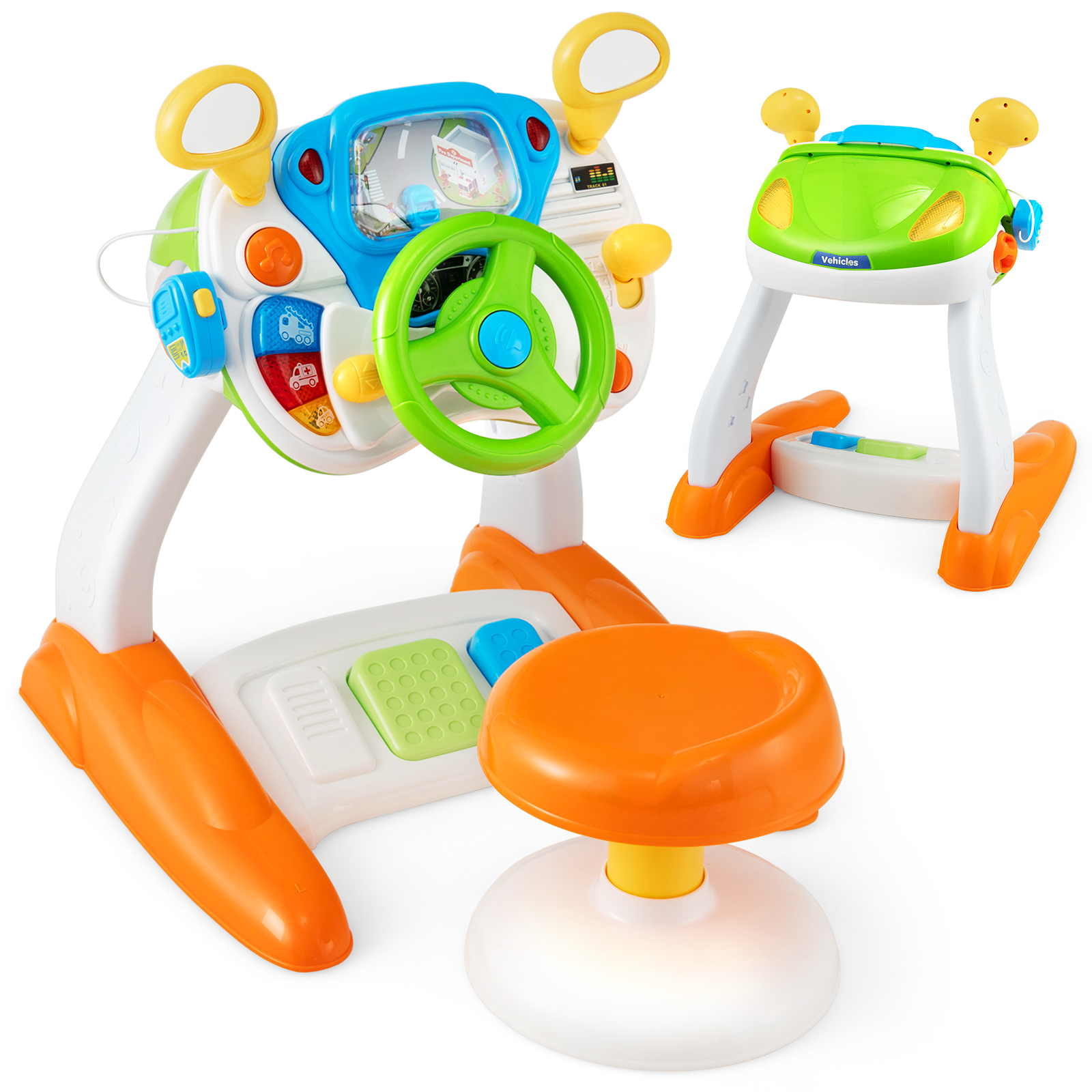 Kids Steering Wheel Toy and Stool with Cyclic Rotary Scene