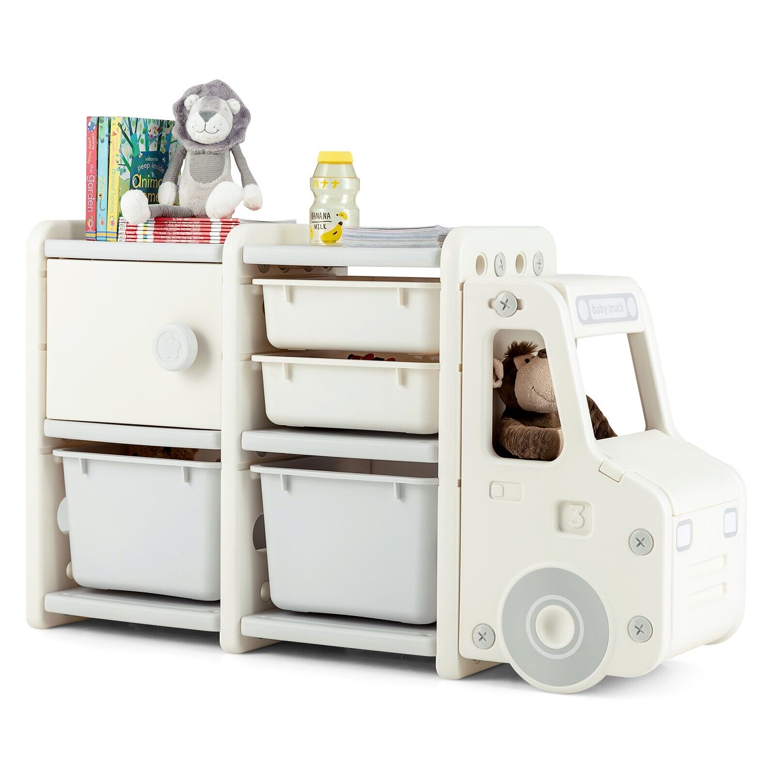 Kids Storage Units with 2 Plastic Bins and 2 Drawers-Beige