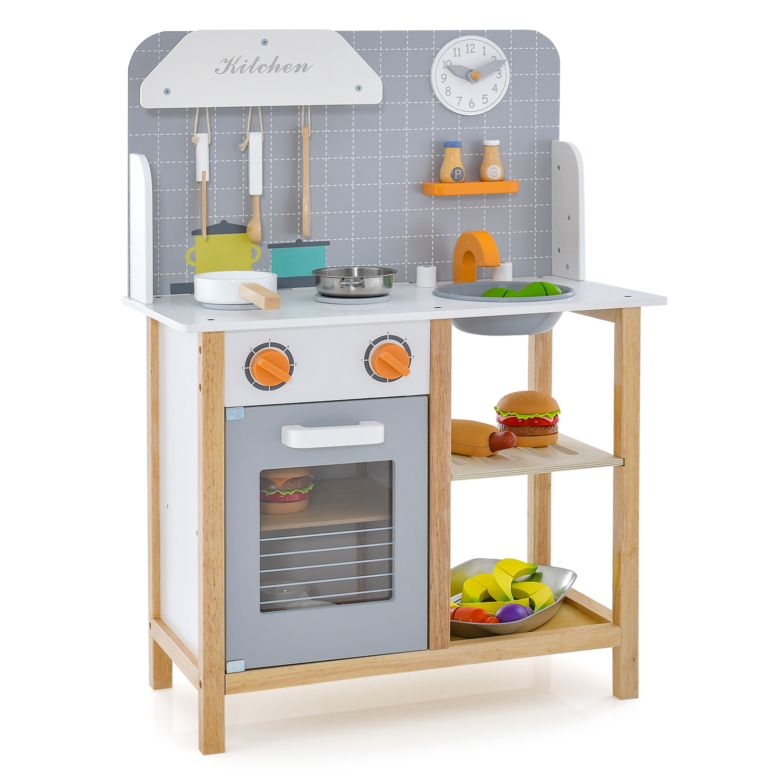 Wooden Kid's Play Kitchen Set with Cookware Accessories