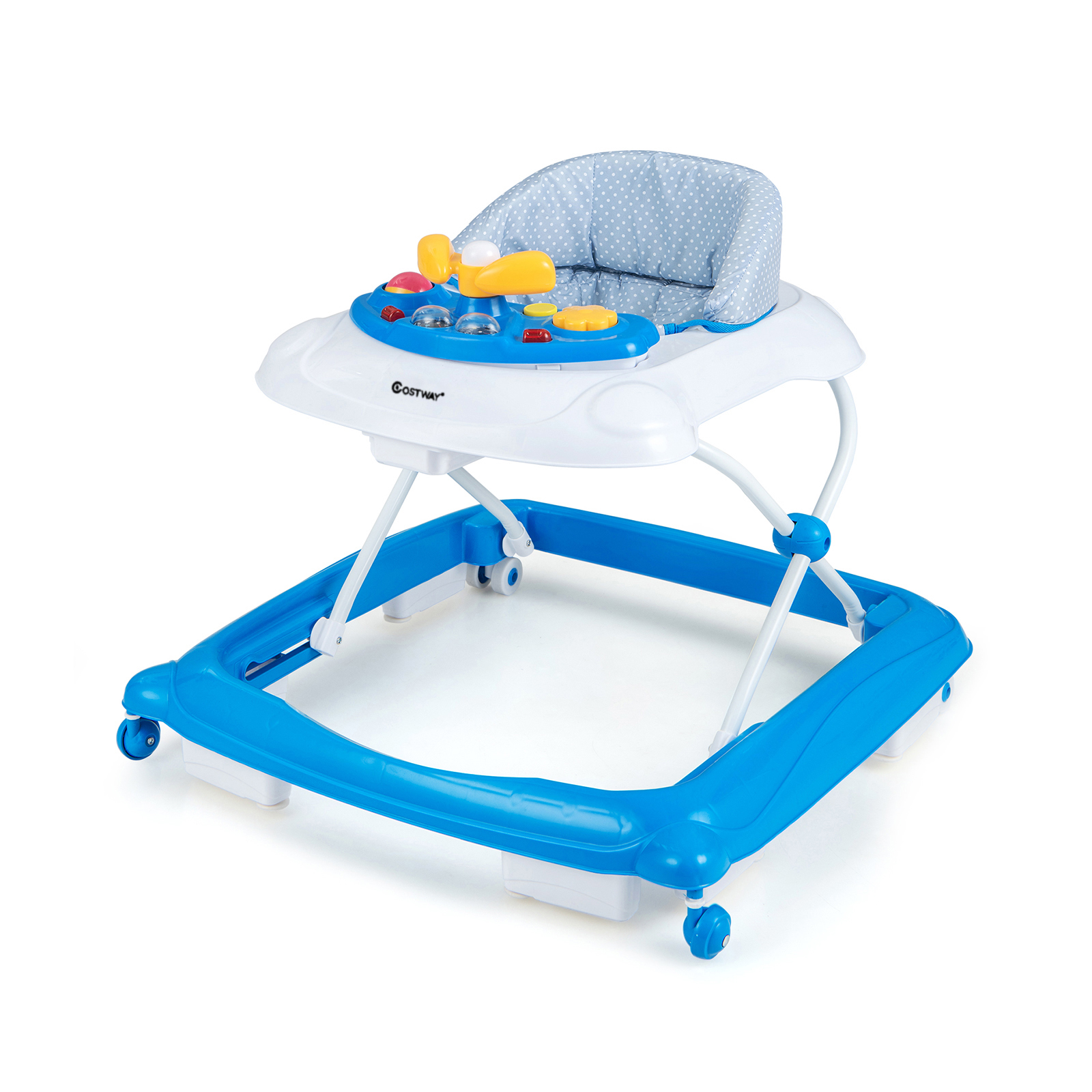 Foldable Baby Walker with 3 Adjustable Heights and Padded Seat-Blue