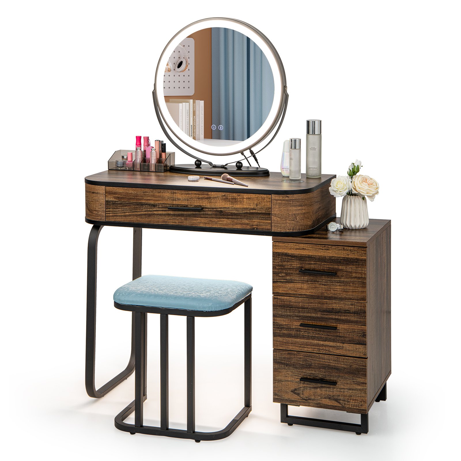 Vanity Table and Stool Set with 3-Color Touch Screen Lighted Swivel Mirror-Brown