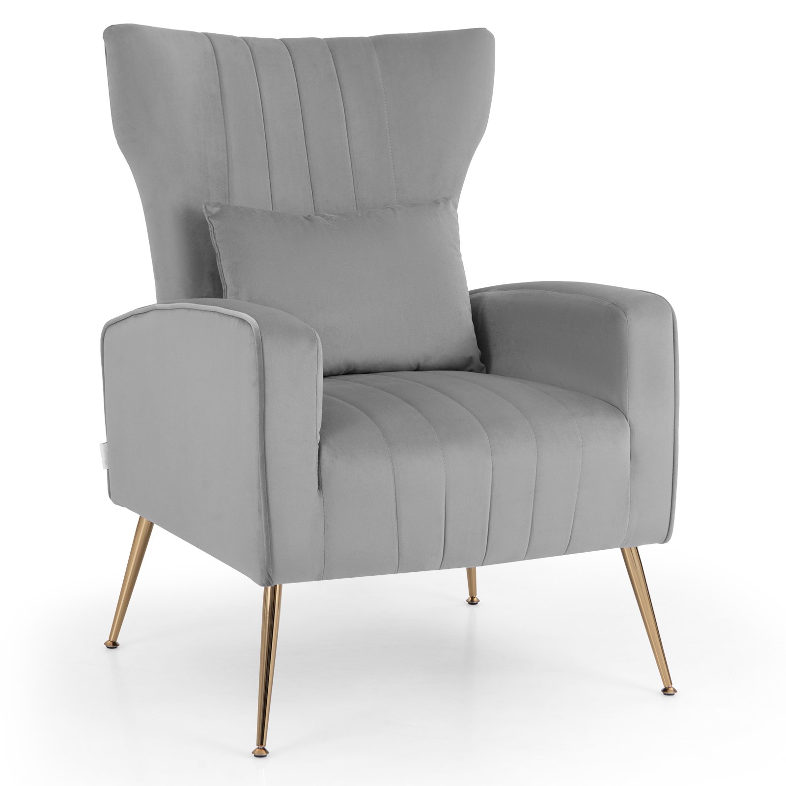 Velvet Upholstered Wingback Chair with Lumbar Pillow and Golden Metal Legs-Grey