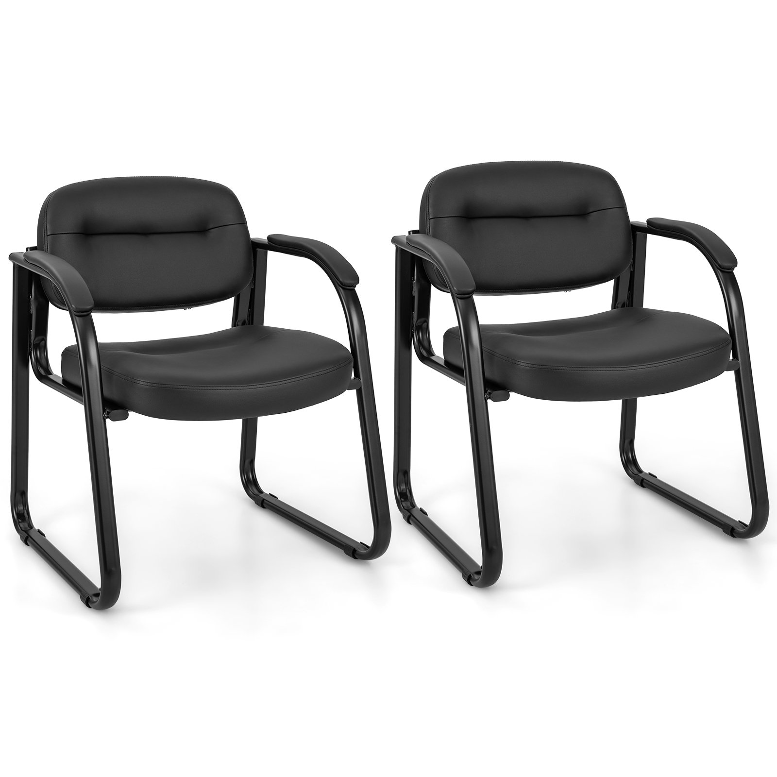 Set of 2 Waiting Room Chairs with Sled Base and Padded Arm Rest-Black