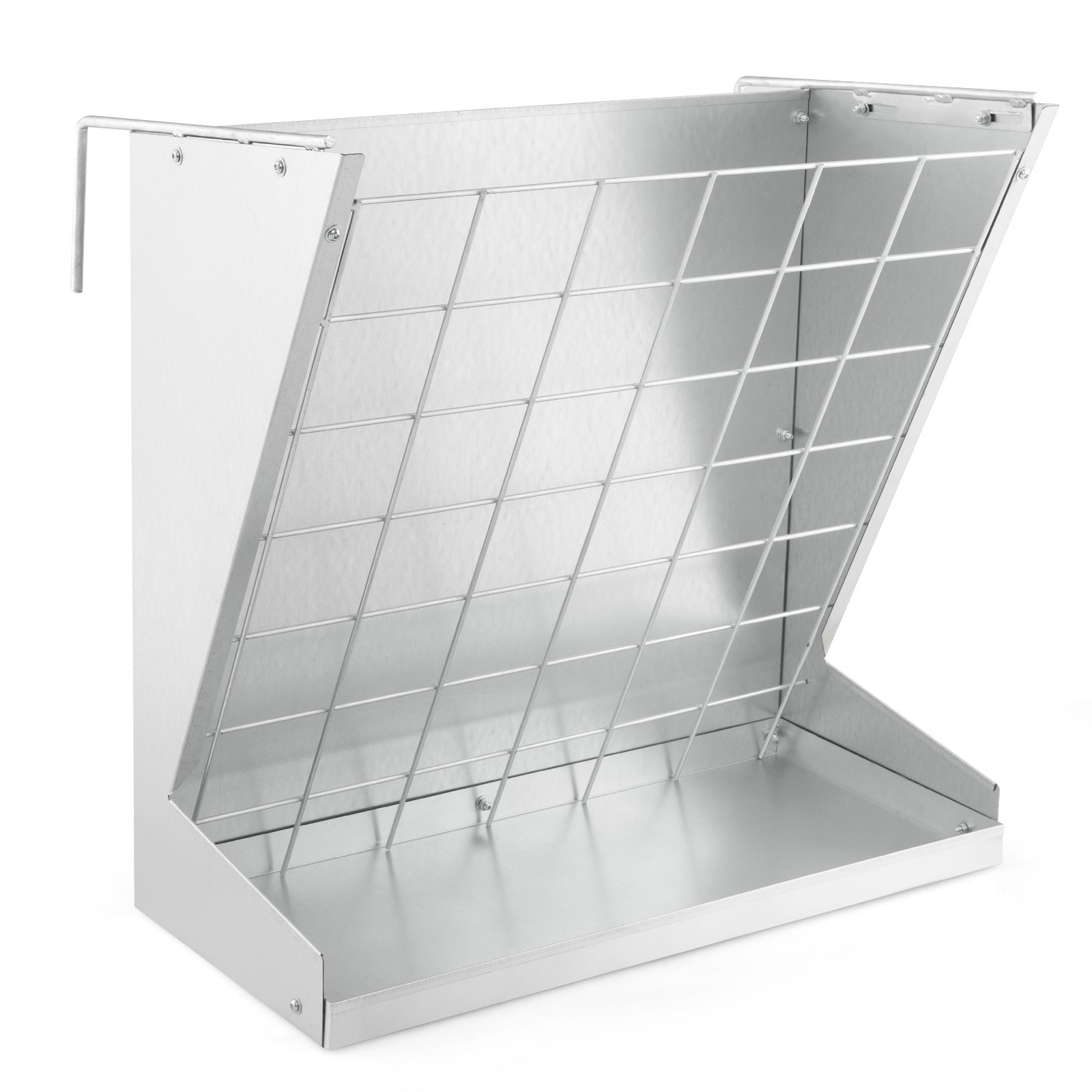 Wall-Mounted Hay Rack with Trough 2-in-1 Feeder with Adjustable Hooks-Silver