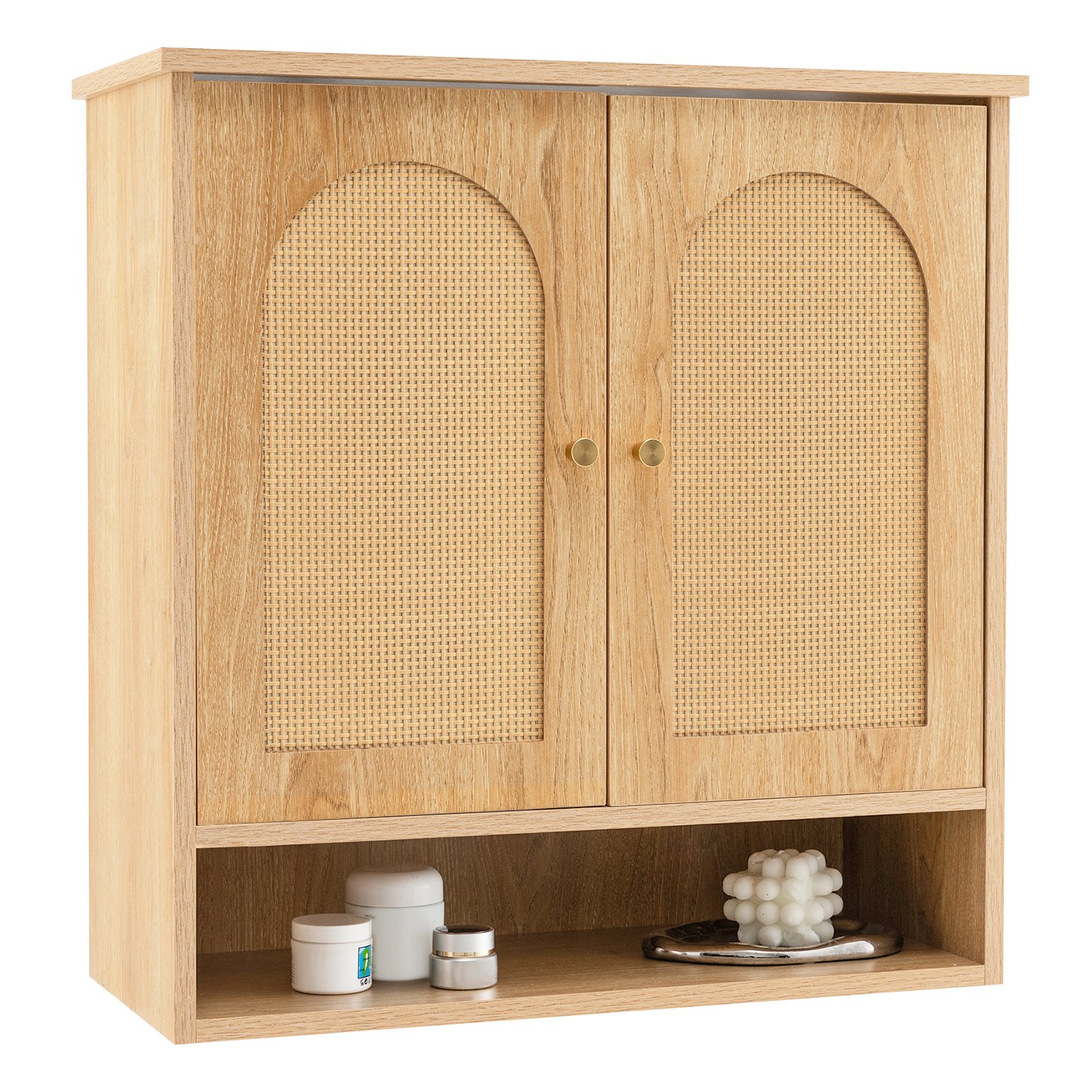 3-Tier Bathroom Cabinet with 2 Rattan Doors and Open Shelf-Natural