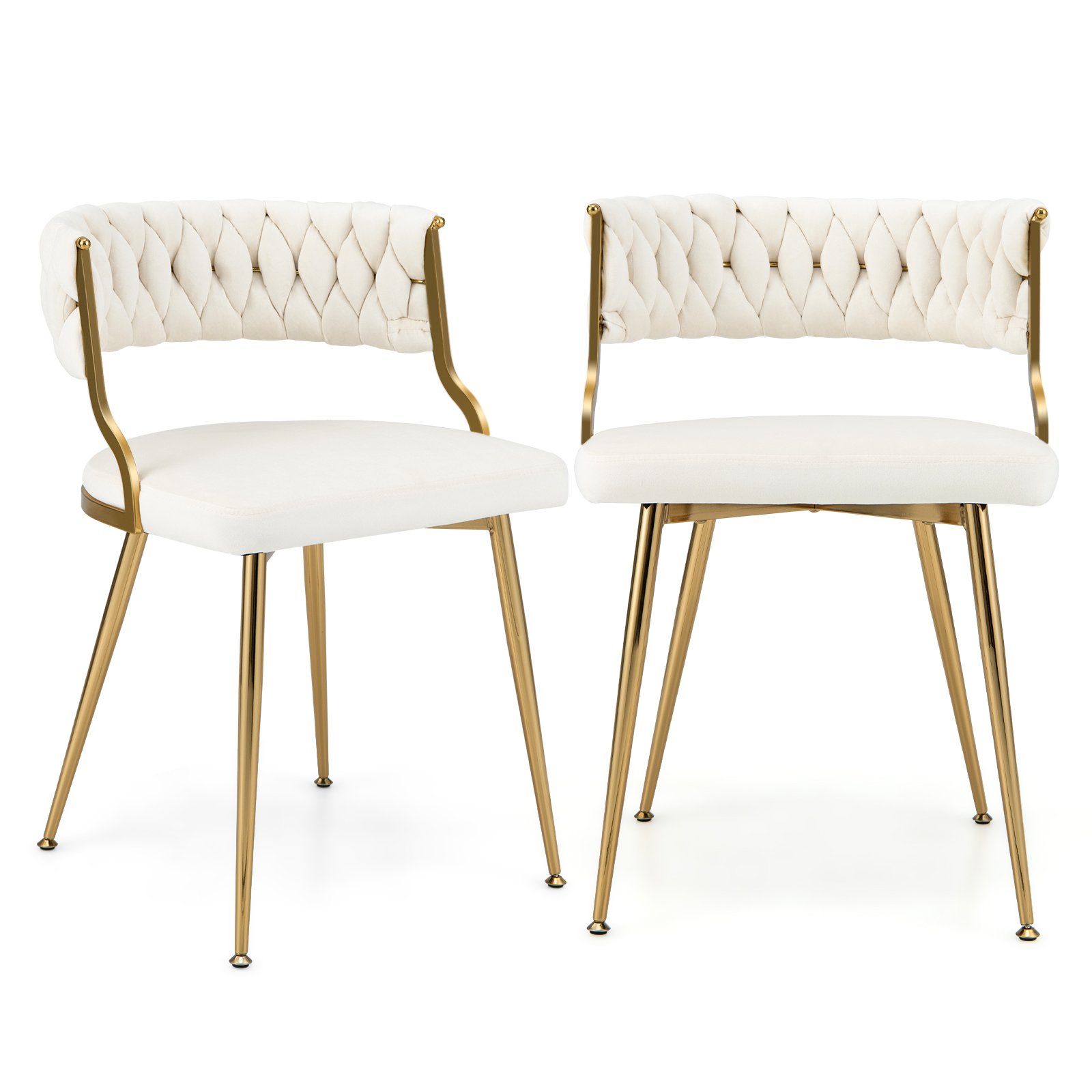 Set of 2 Velvet Dining Chair with Metal Legs and Woven Back-White