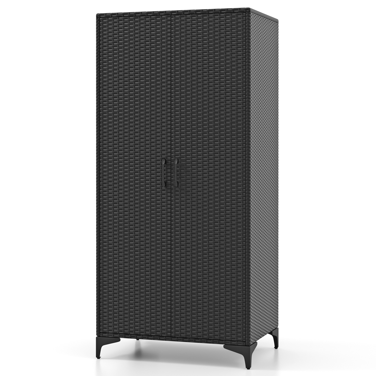 PE Rattan Wardrobe Armoire Closet with Hanging Rod and 4 Storage Cubes for Home Patio Garage-Black