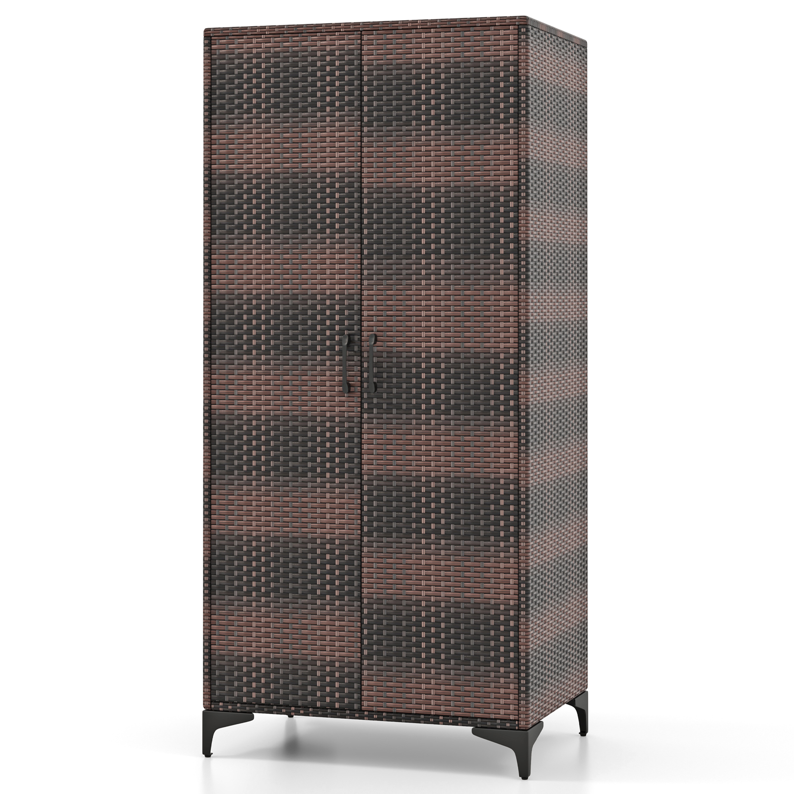 PE Rattan Wardrobe Armoire Closet with Hanging Rod and 4 Storage Cubes for Home Patio Garage-Brown