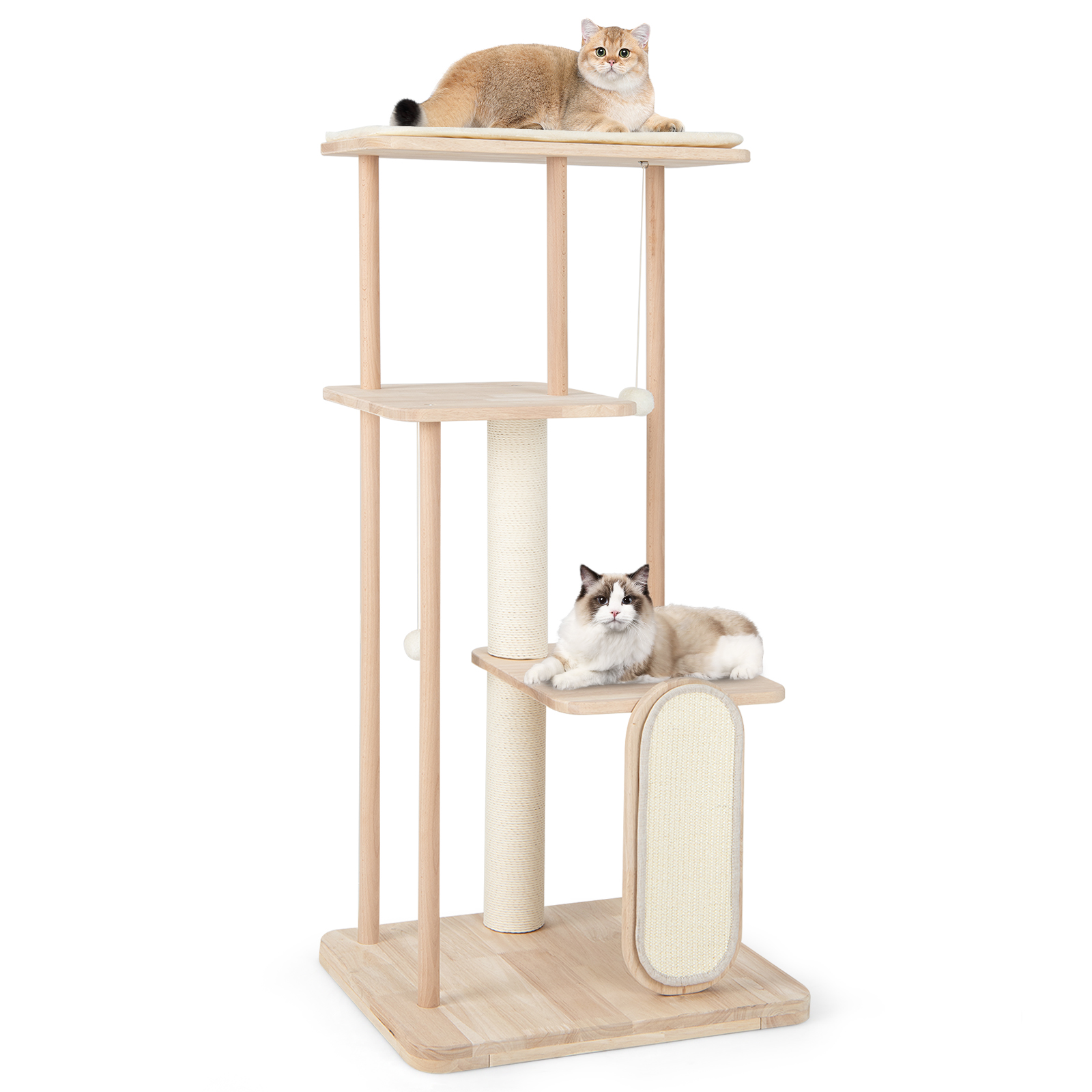 126 cm Tall Solid Wood Cat Tree with Oak Frame and Beech Post for Kittens and Adult Cats