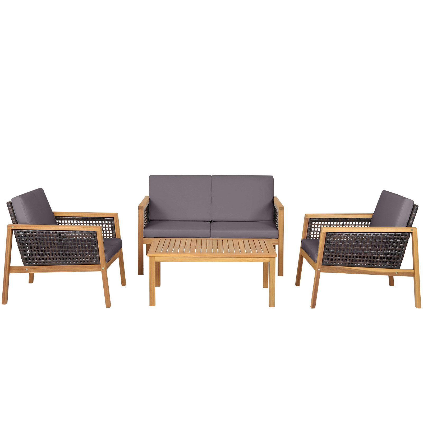 4-Piece Patio Acacia Wood Furniture Set with Removable Cushions-Grey