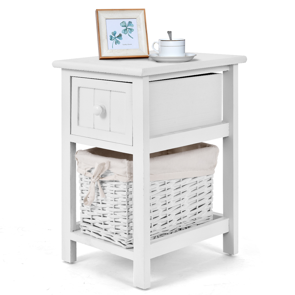 2 Tiers Wood Nightstand with 1 Drawer and 1 Baskets for Home-White