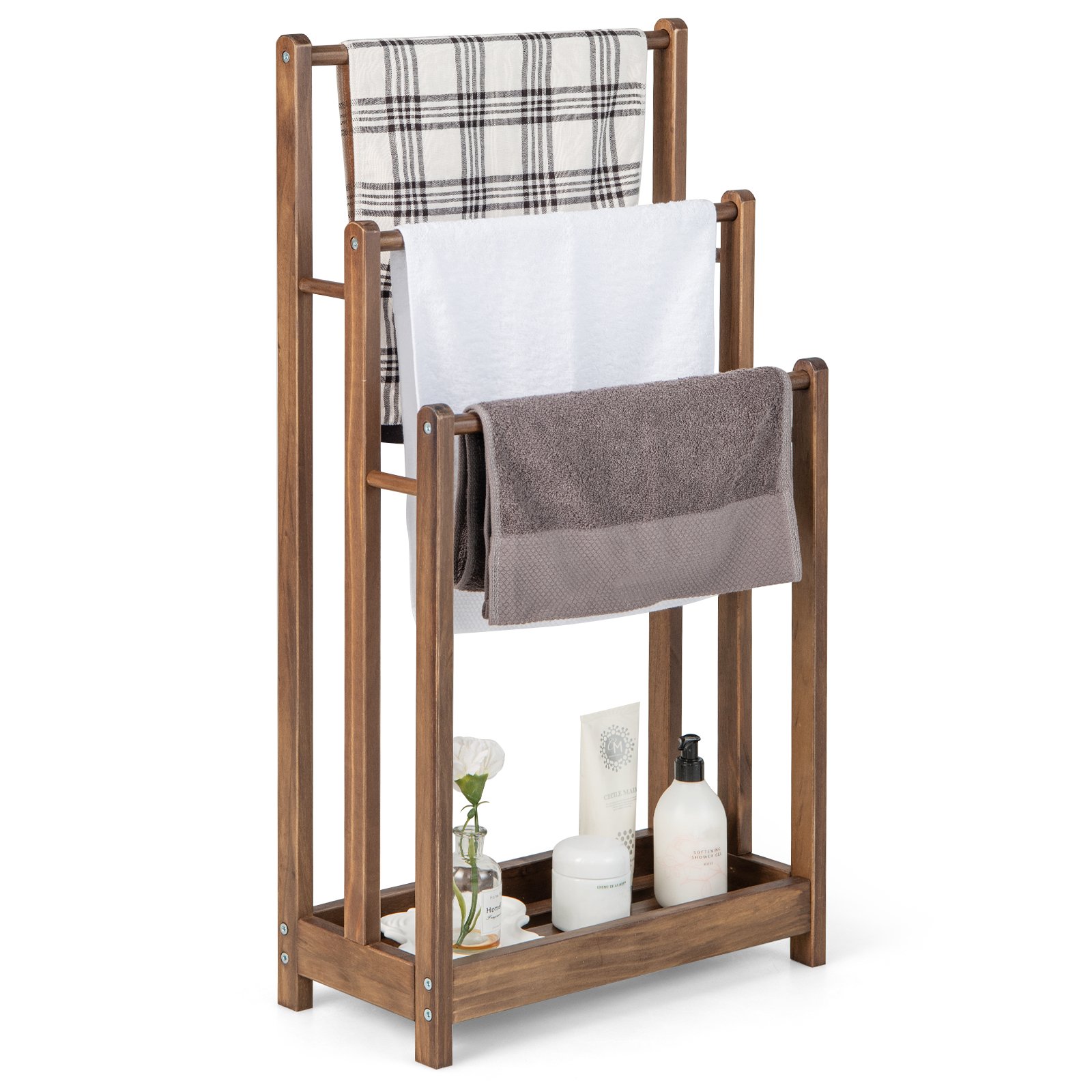 Freestanding Wood Towel Rack with 3 Individual Bars and Bottom Storage Shelf-Rustic Brown