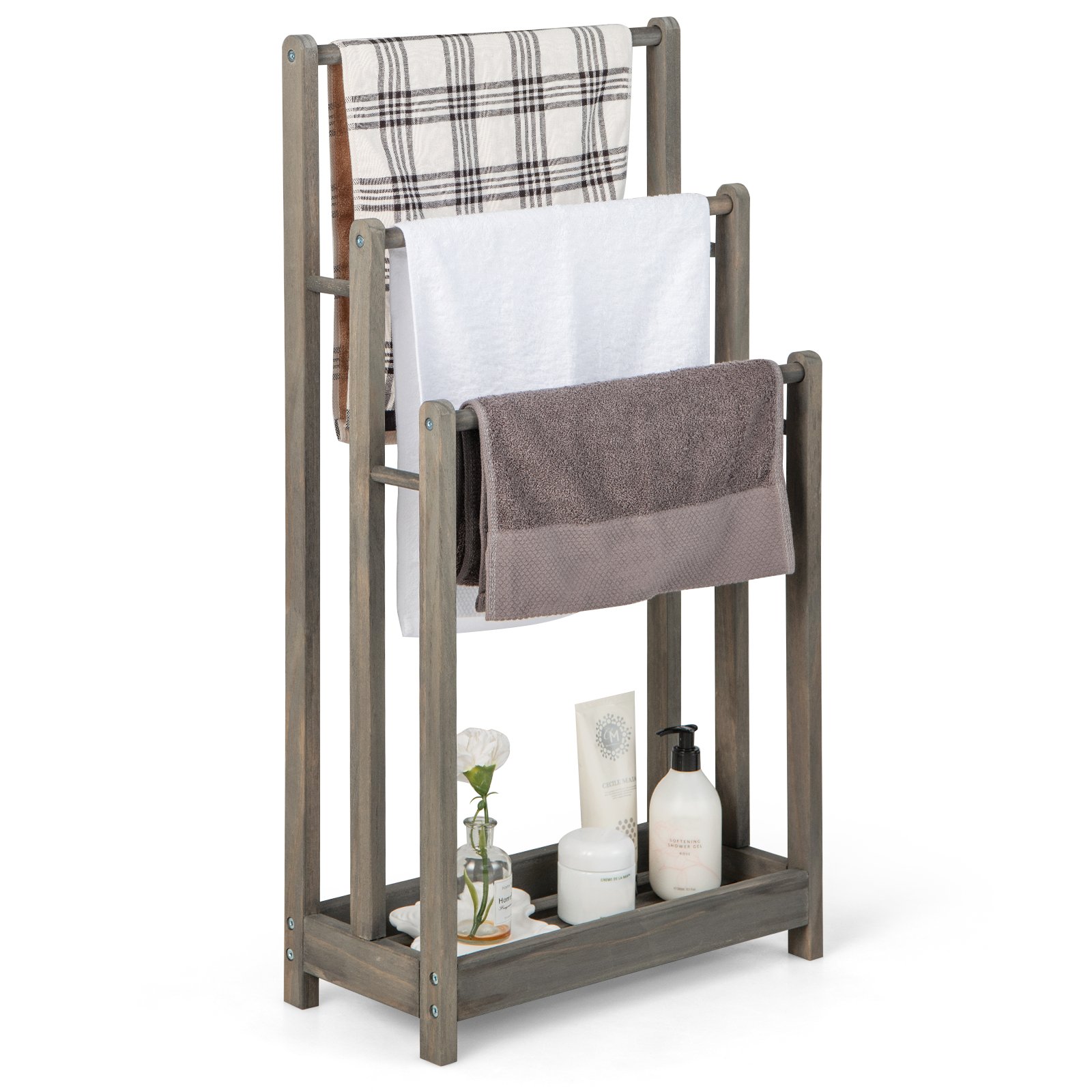 Freestanding Wood Towel Rack with 3 Individual Bars and Bottom Storage Shelf-Grey