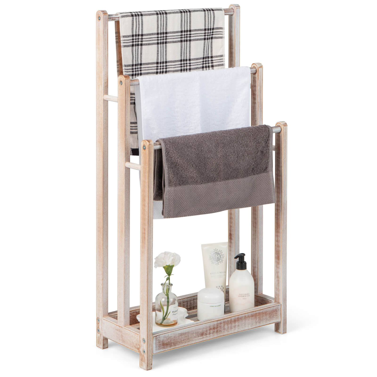 Freestanding Wood Towel Rack with 3 Individual Bars and Bottom Storage Shelf-White