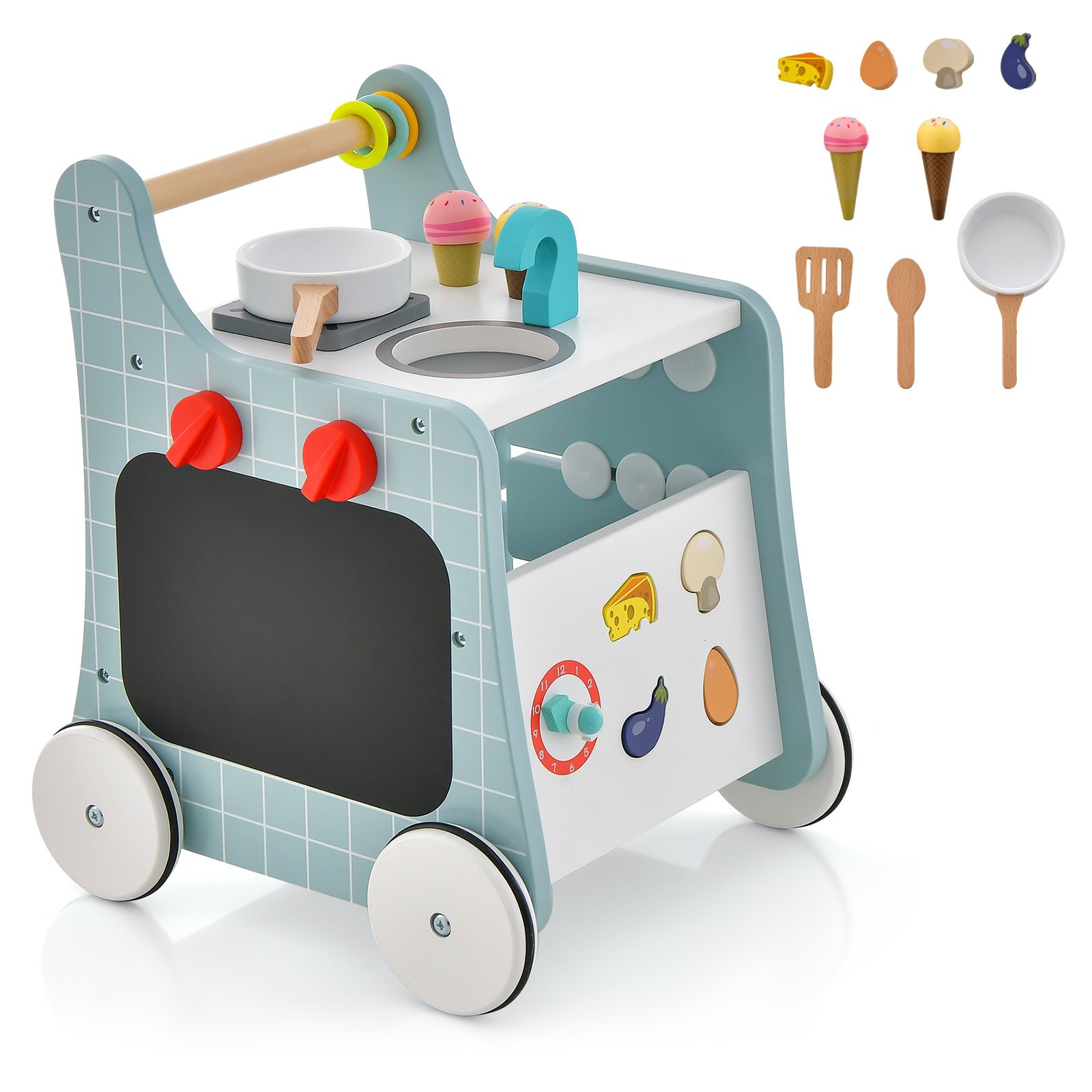 6-in-1 Wooden Baby Stroller Push and Pull Learning Activity Center-Blue