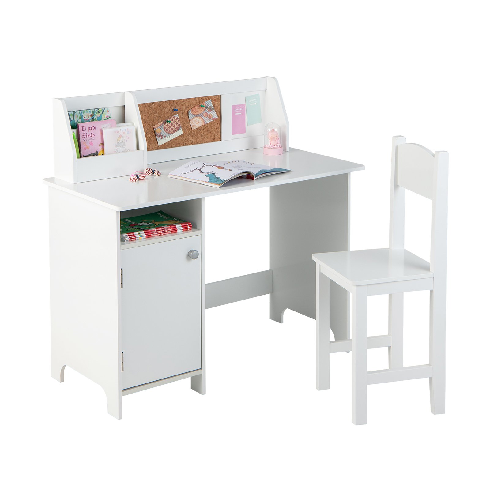 Wooden Children Study Table and Chair Set with Storage Cabinet and Bulletin Board-White