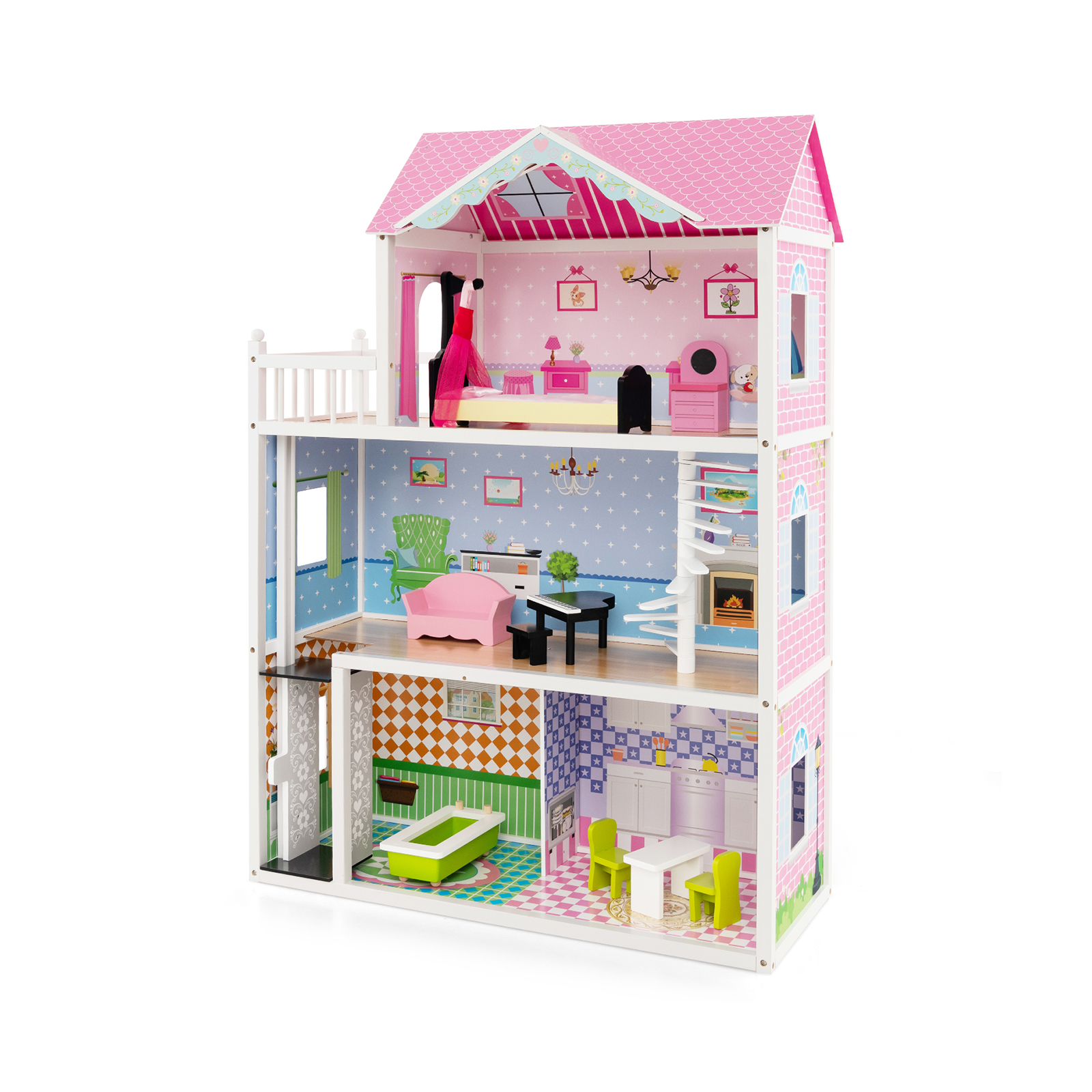 Wooden Dollhouse with Working Elevator and Rotatable Staircase-Pink