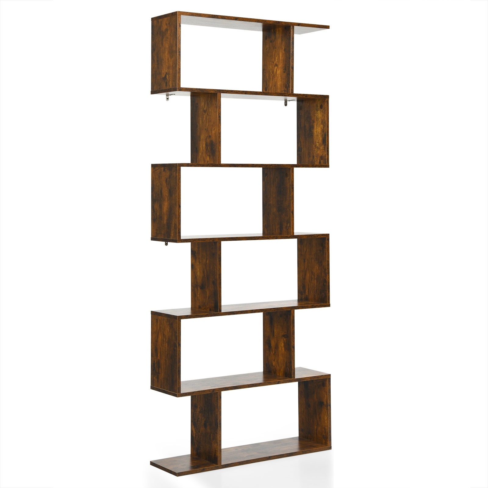 6-tier S-shaped Wooden Industrial Bookshelf-Brown