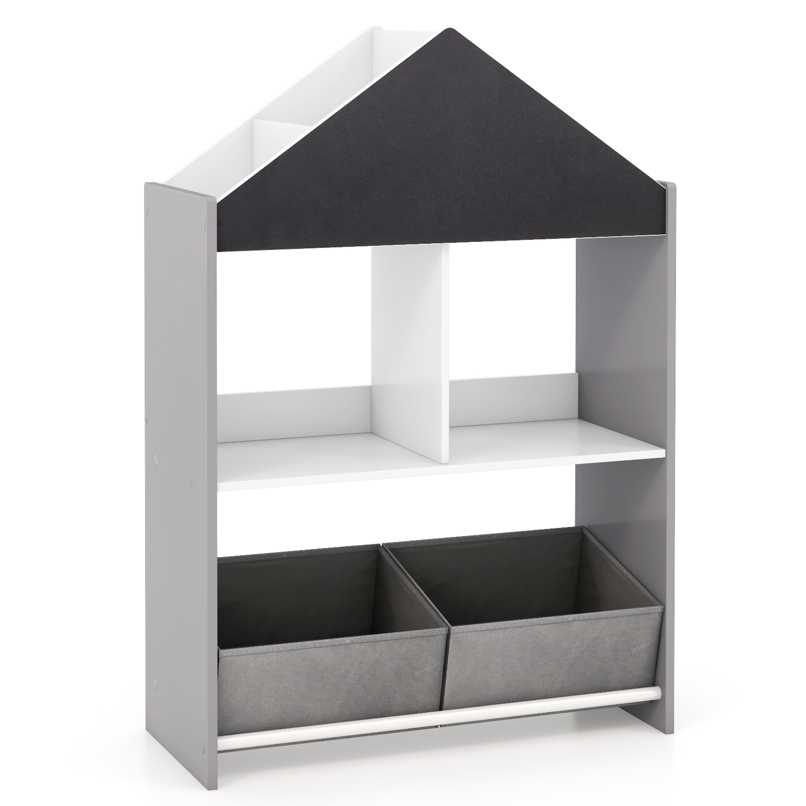 Wooden Kids Dollhouse Bookshelf Toy Storage Organizer with Chalkboard-Grey