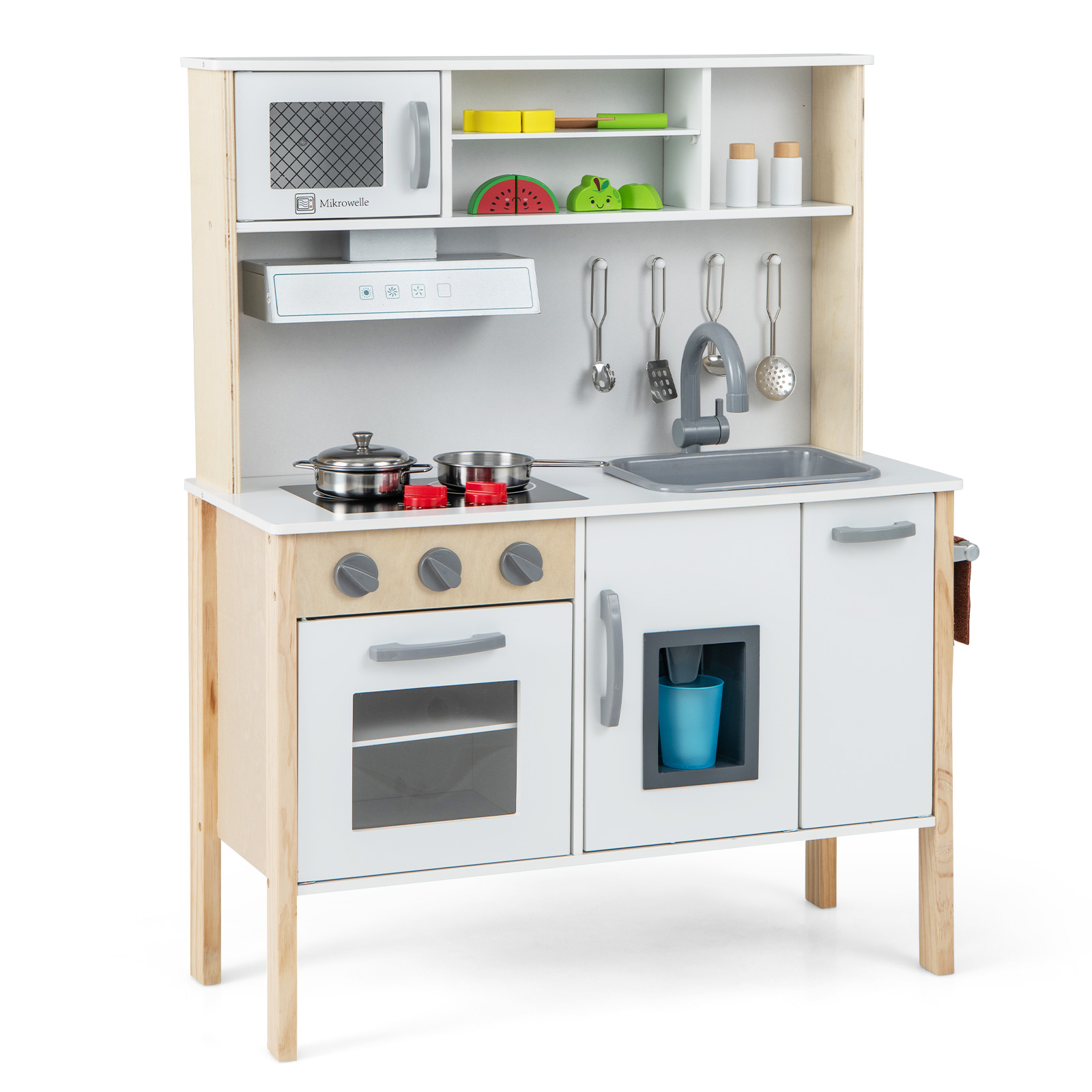 Wooden Kids Play Kitchen Set with Microwave Stoves Oven-White