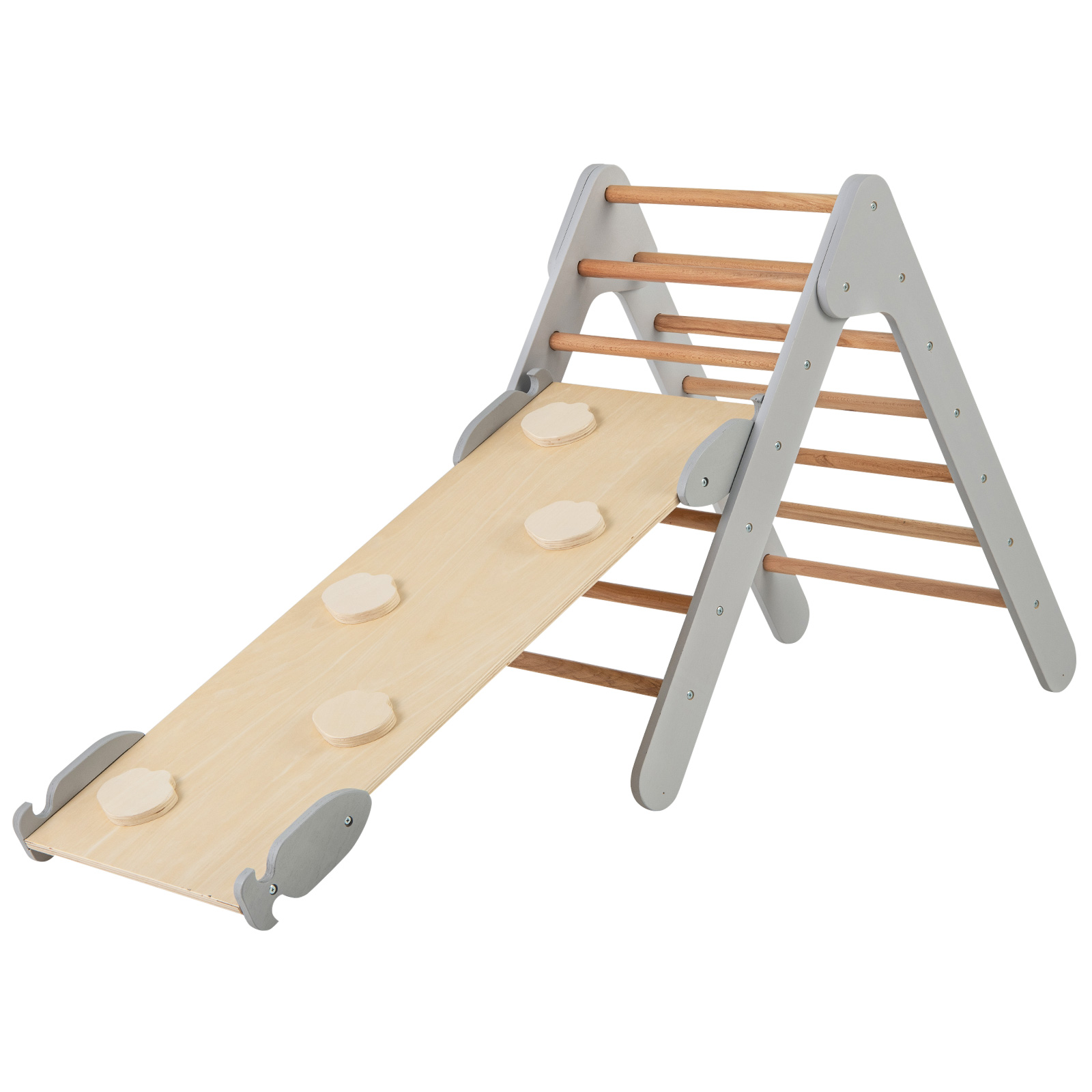 Wooden Triangle Climbing Ladder Set with 2-in-1 Reversible Ramp-Grey