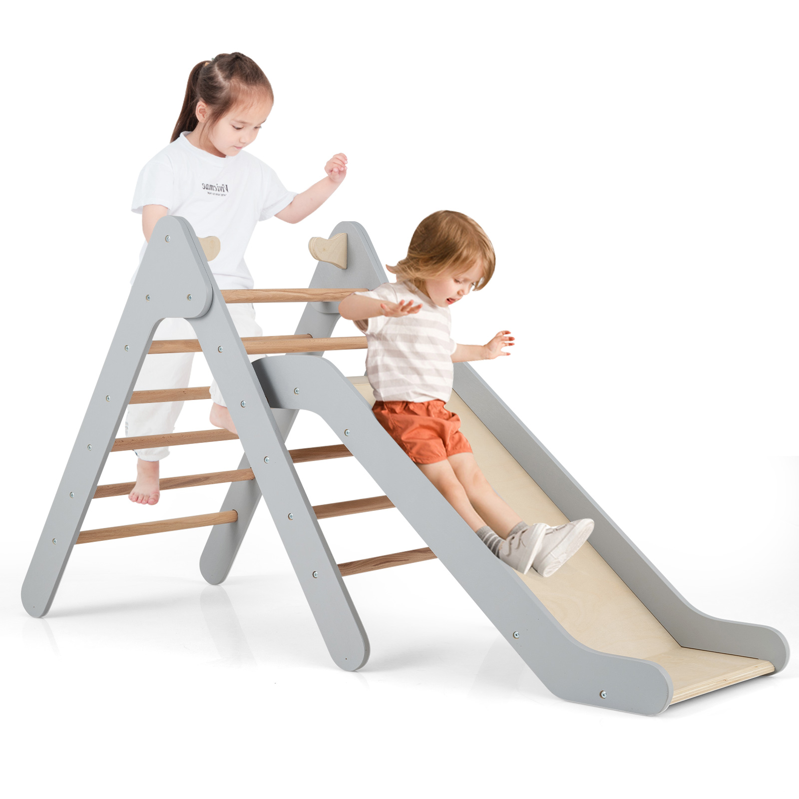 2-in-1 Wooden Triangle Climbing Toy with Gradient Adjustable Slide-Grey