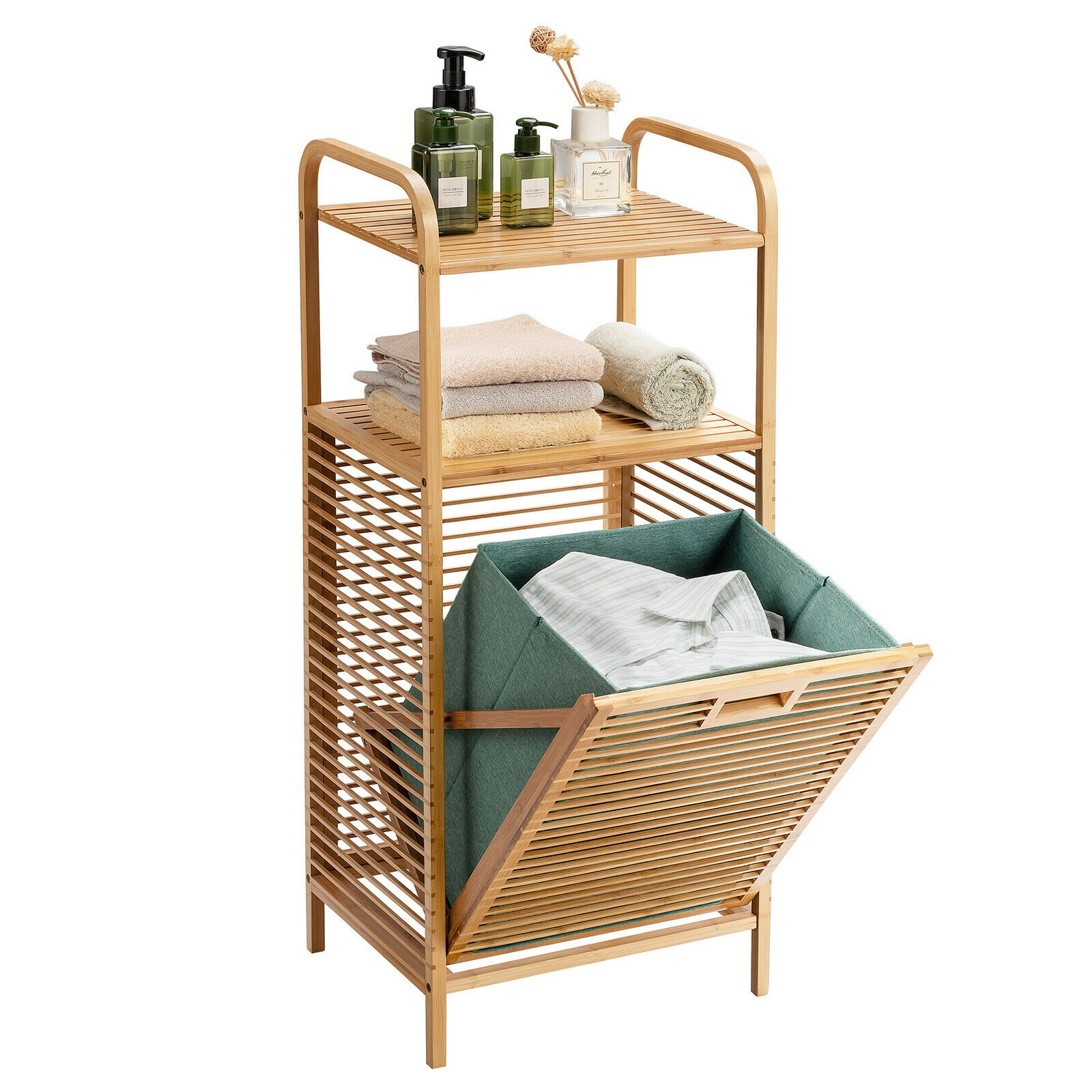 Bamboo Laundry Bin with Storage and Removable Basket