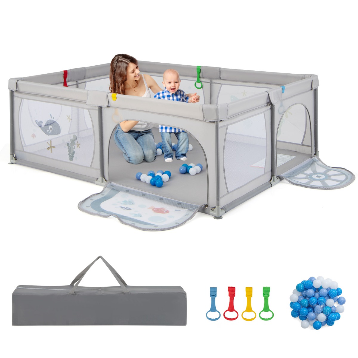 206 x 147 cm Baby Playpen with 50 Ocean Balls for Babies and Toddlers-Animals