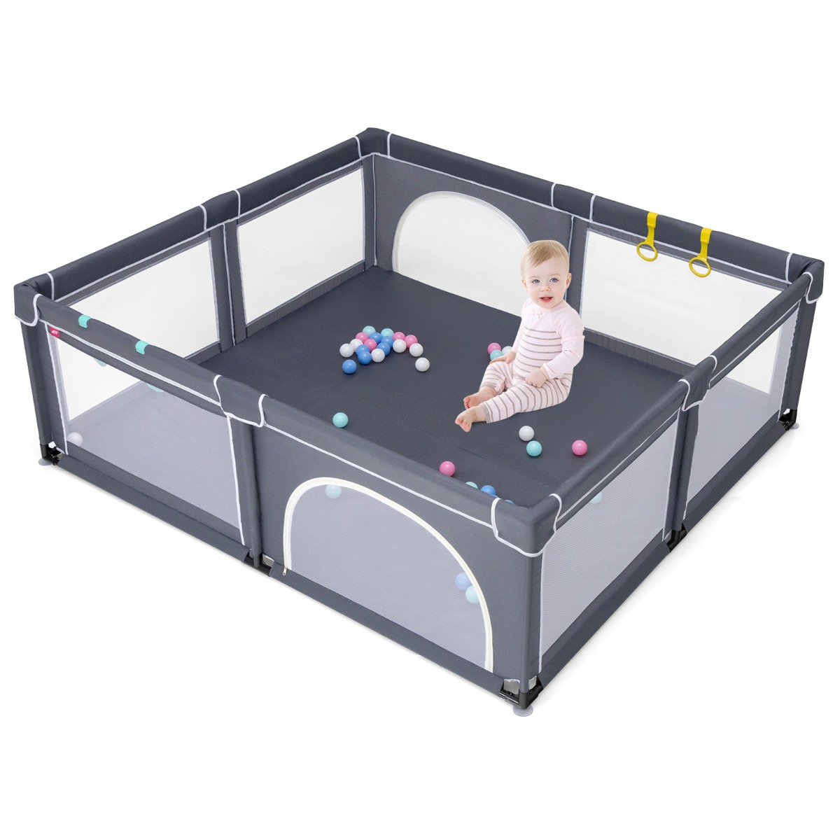 Baby Playpen with 50 Piece Ocean Balls and Non-slip Suction Cups-Dark Grey