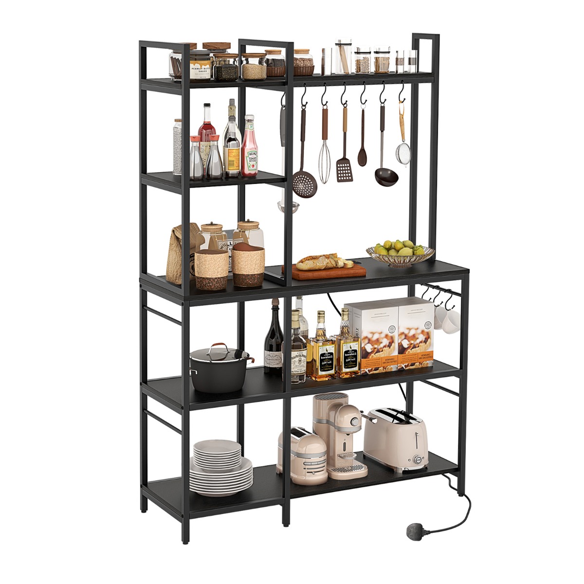 Bakers Rack with Power Outlets and 10 S-Shaped Hooks-Black