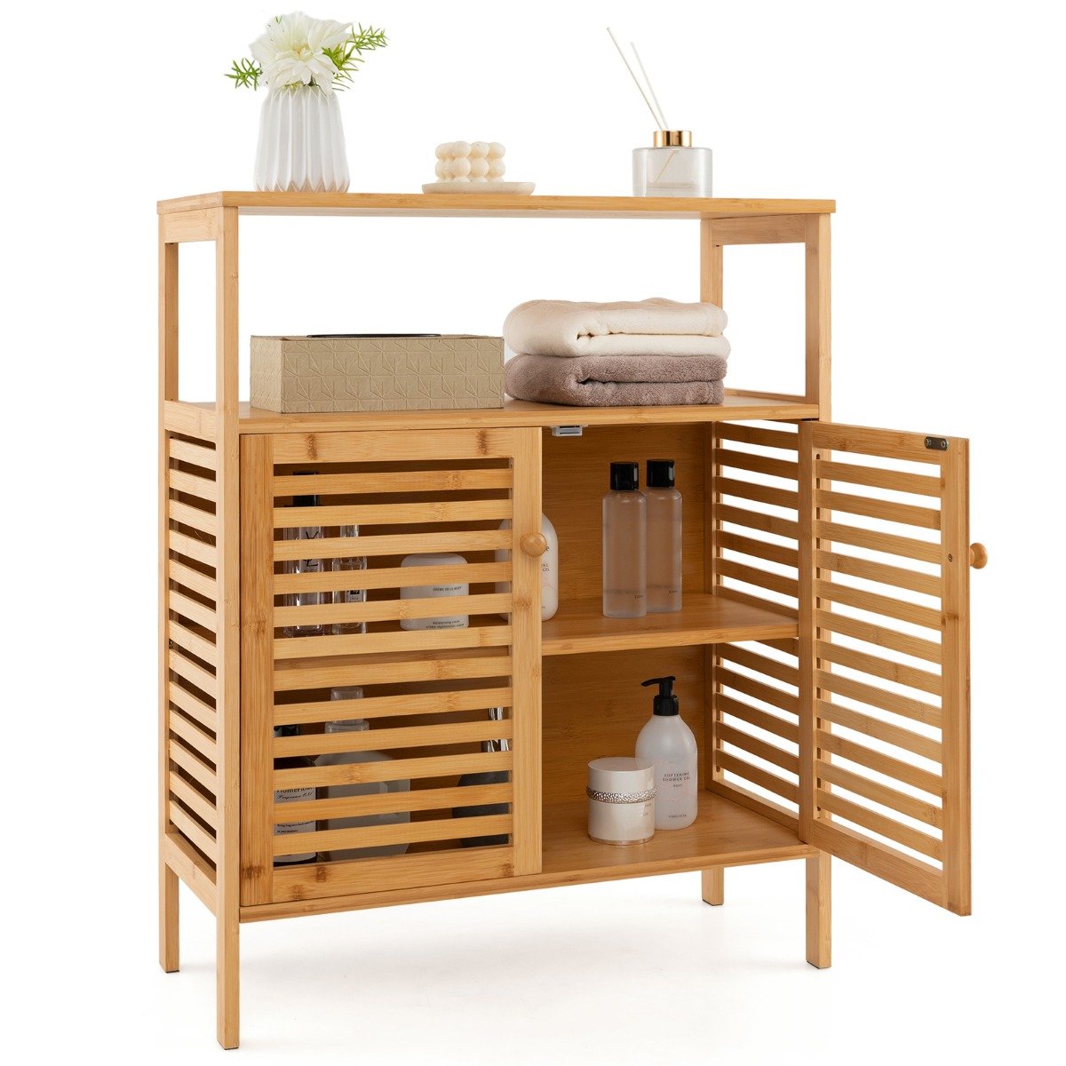 Bamboo Storage Cabinet with Double Louvered Doors-Natural