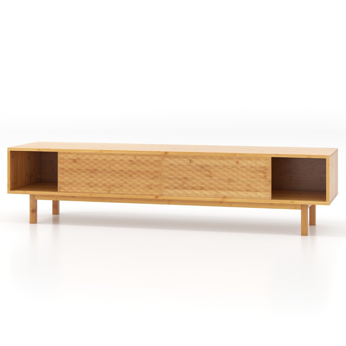 Bamboo TV Stand for 65” 70” TVs with Sliding Doors and 3 Storage Compartments-Natural