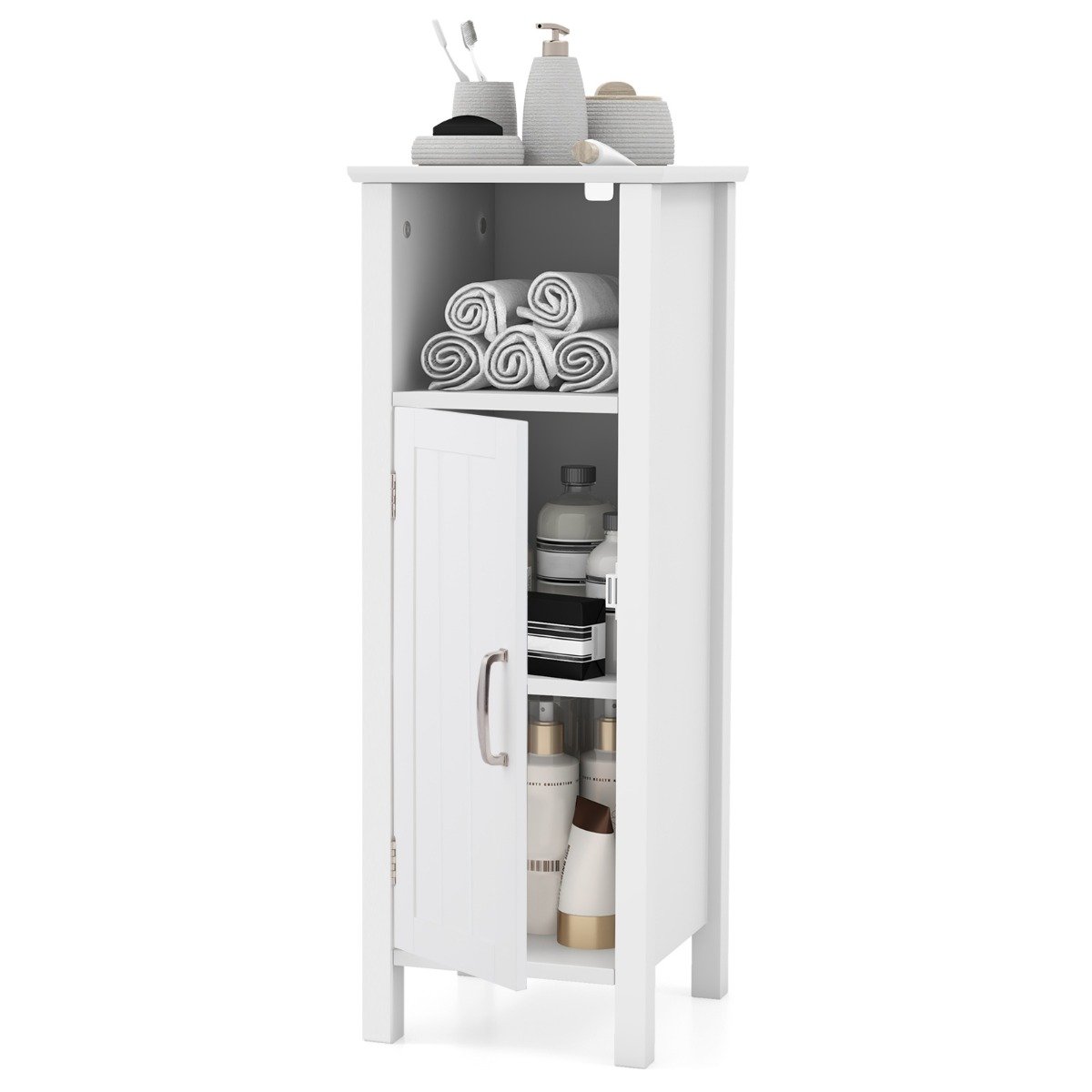 Freestanding Narrow Bathroom Storage Organizer Rack Stand with Door and Adjustable Shelf-White