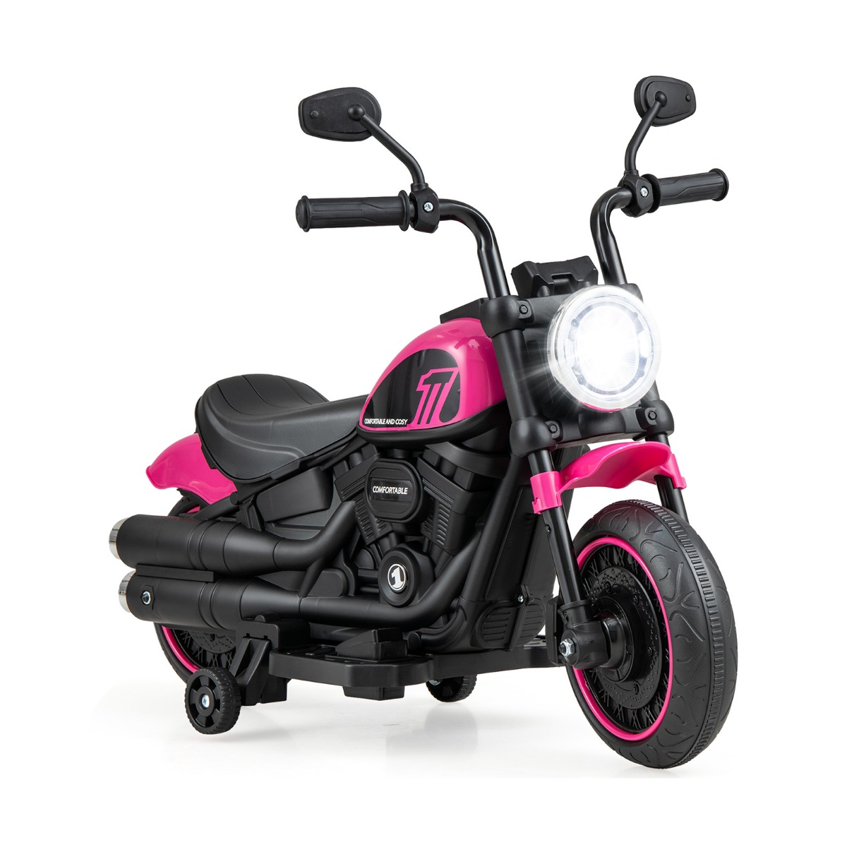 6V Kids Ride On Motorcycle with Training Wheels and Headlight for Toddlers-Pink