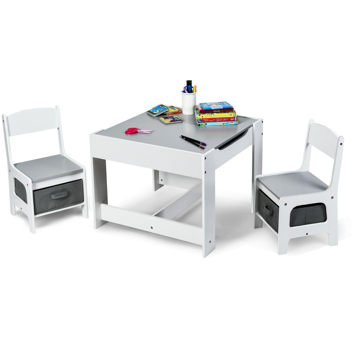 Children's Table and Chair Set with Storage Boxes-Grey