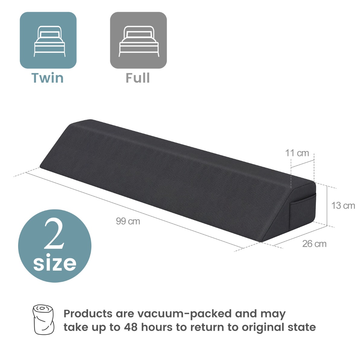 Bed Wedge Pillow  with 2 Storage Pockets-Twin size