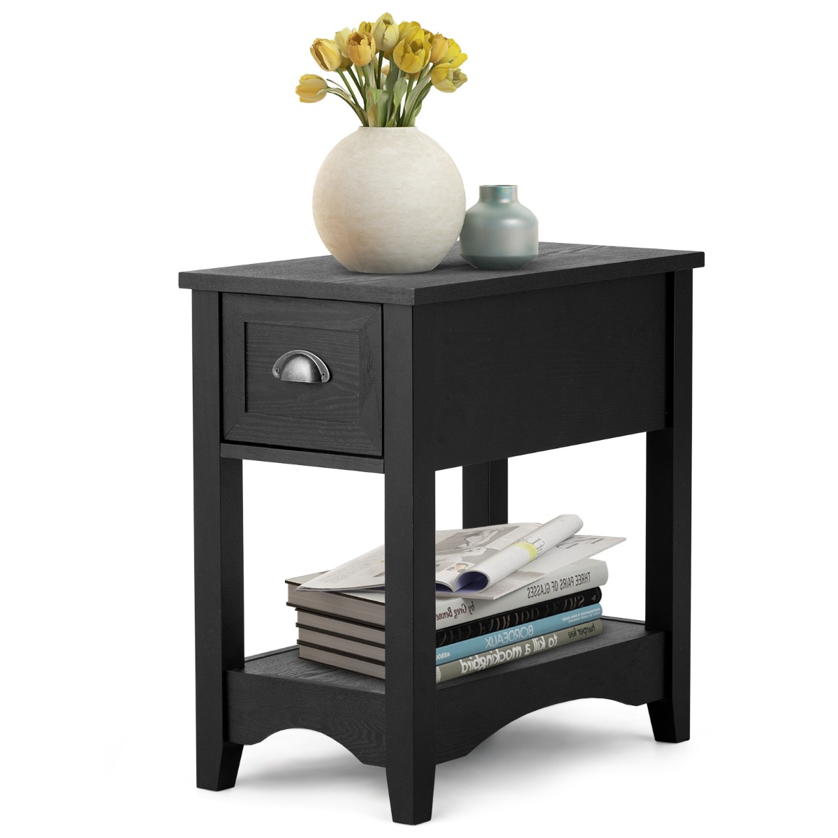 Rectangular Nightstand with 1 Drawer 1 Storing Shelf and 4 Solid Rubber wood Legs-Black