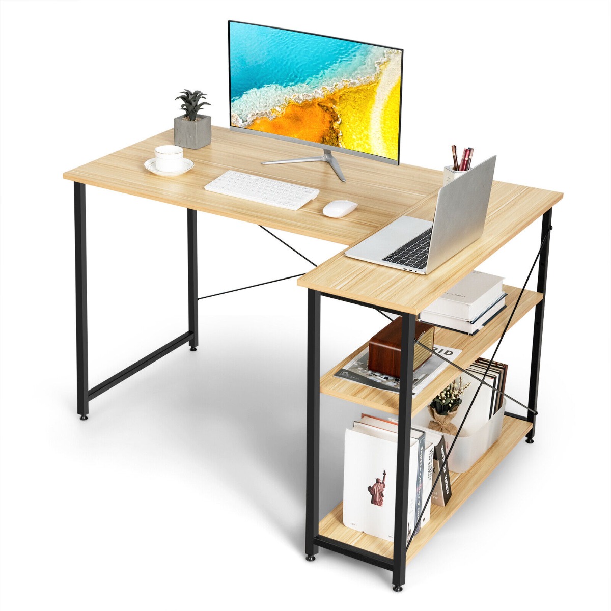 L-Shaped Corner Computer Desk with Reversible and Adjustable Bookshelf-Natural